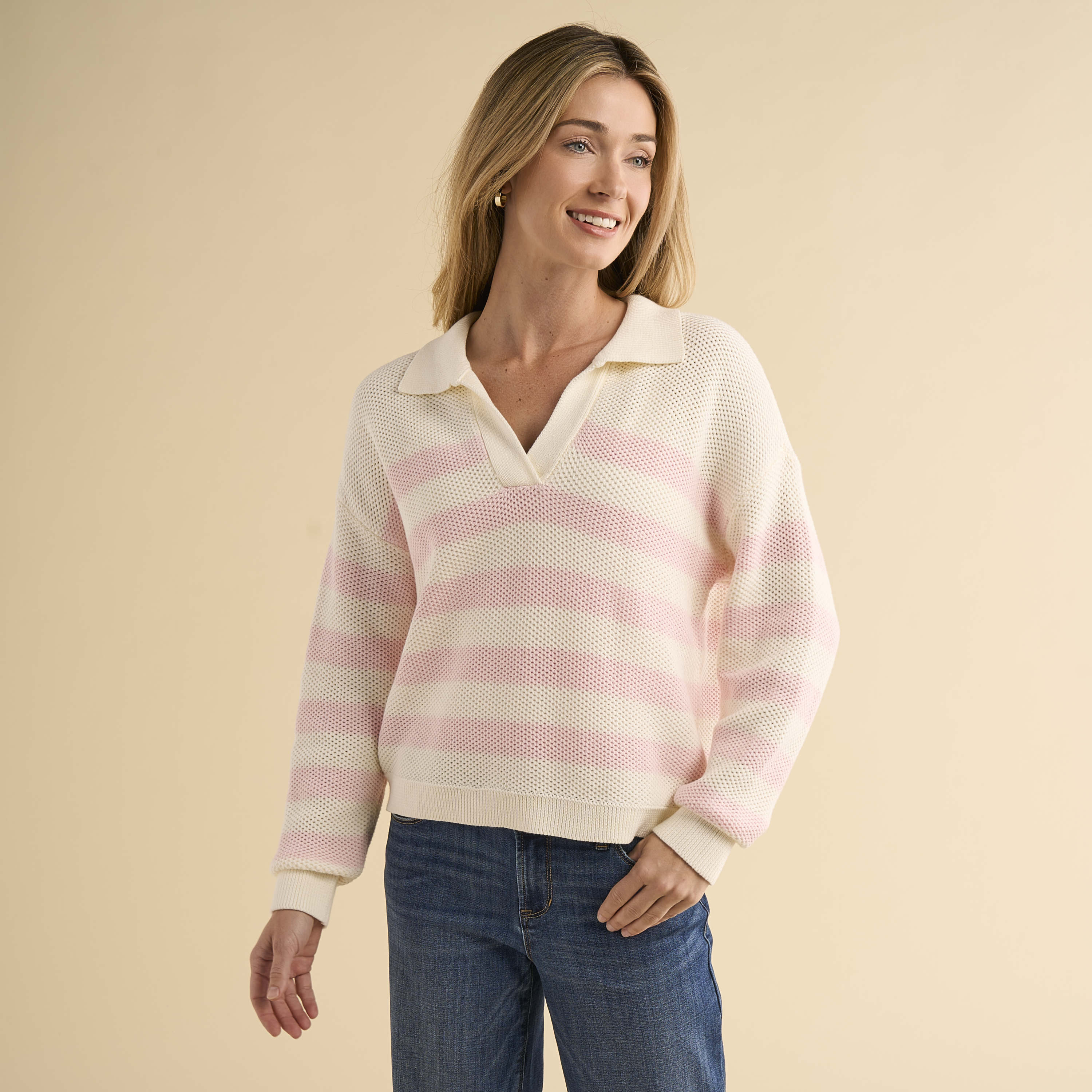 Image of Natural Reflections Riviera Collared Long-Sleeve Sweater - Egret