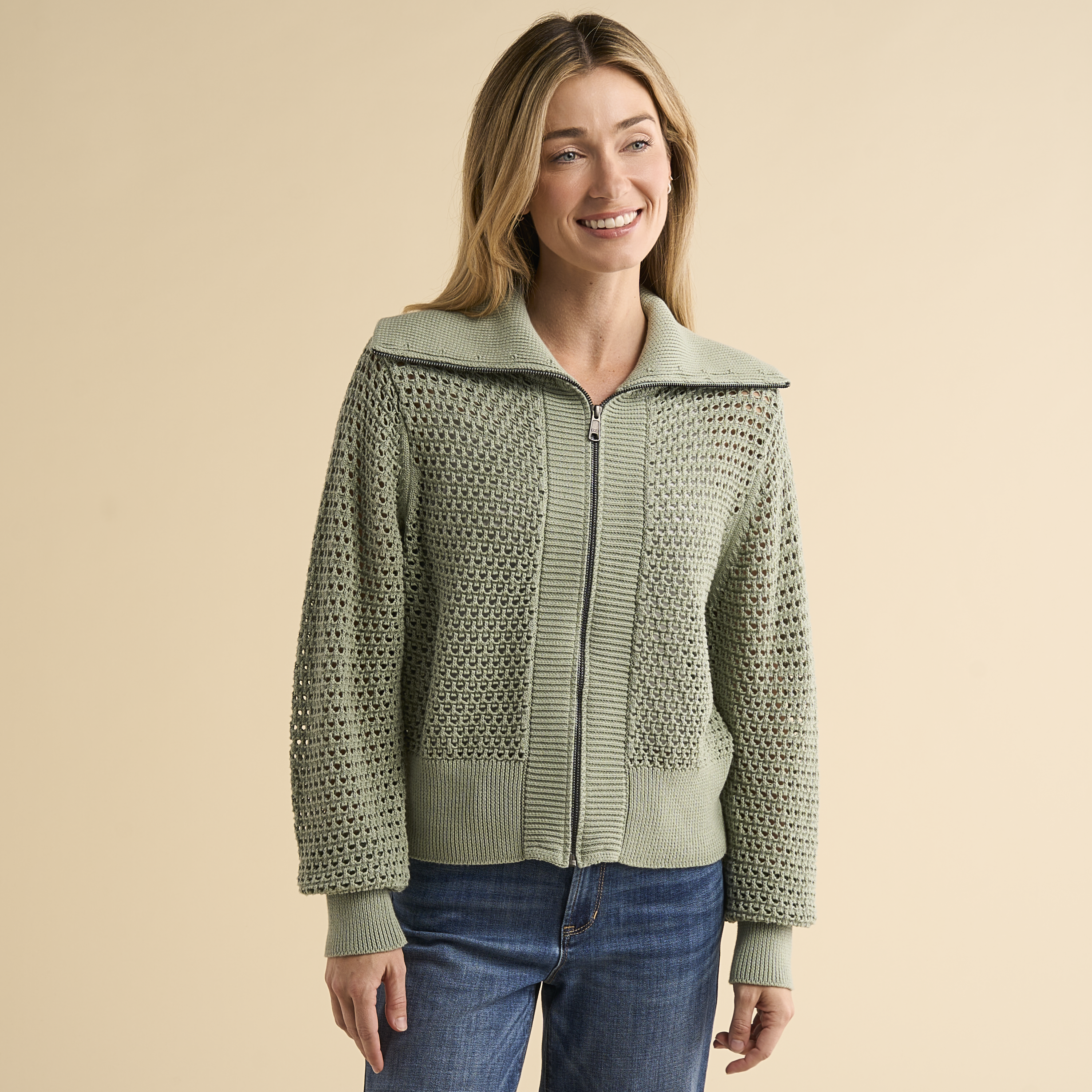 Image of Natural Reflections Summer Nights Full-Zip Sweater - Iceberg Green