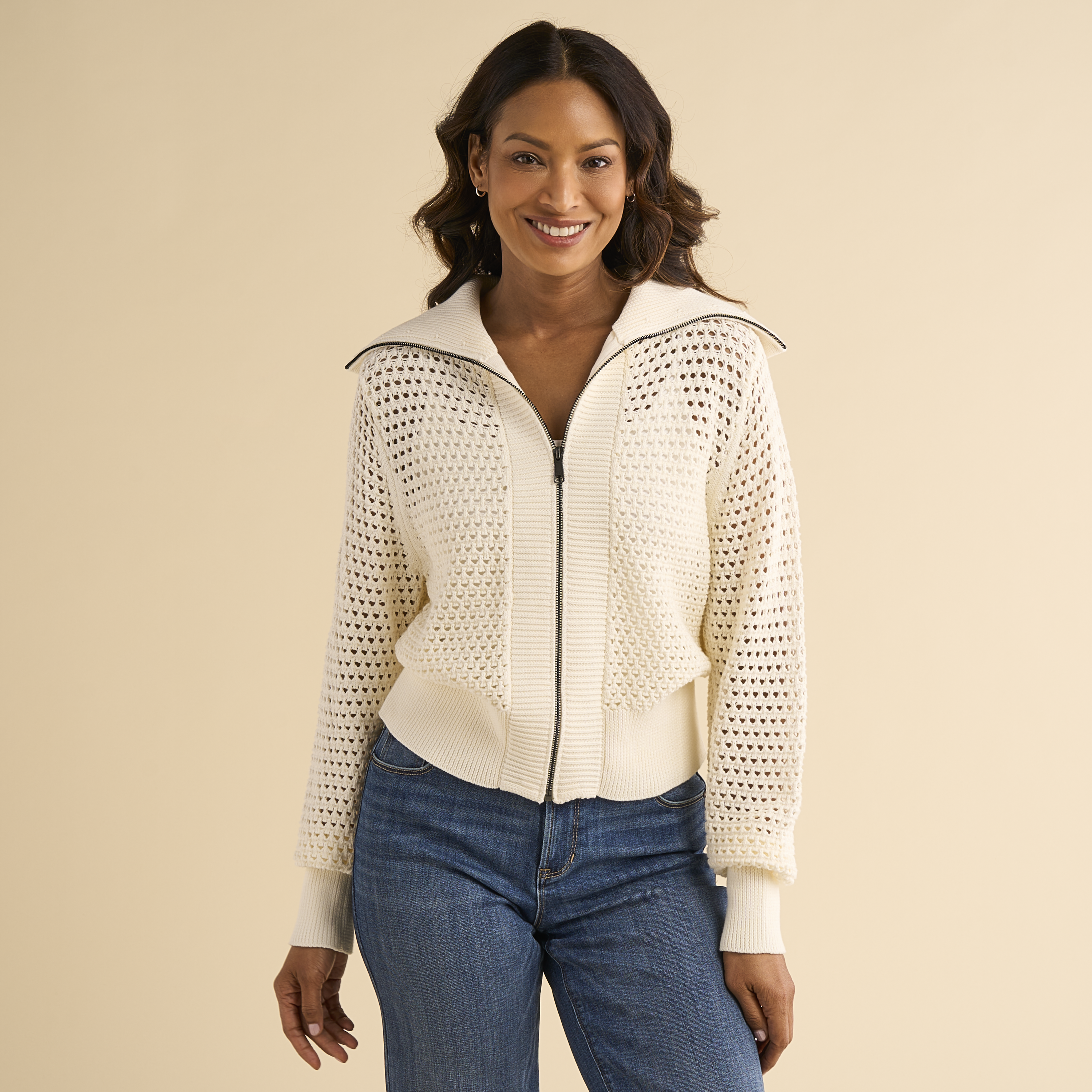 Image of Natural Reflections Summer Nights Full-Zip Sweater - Egret