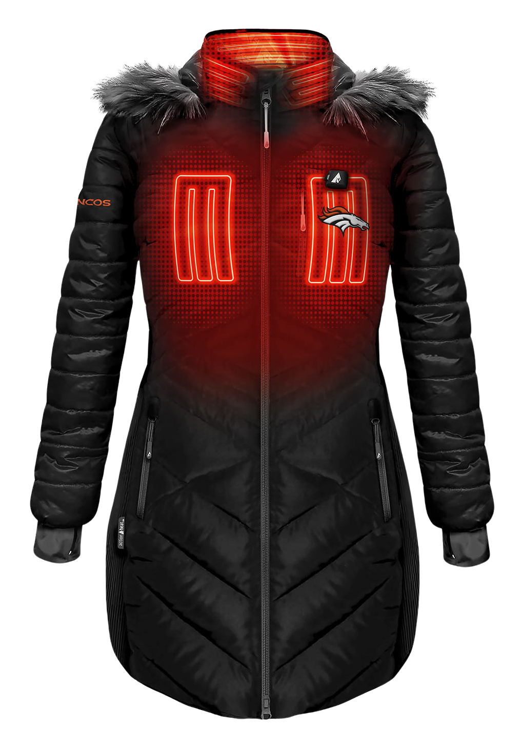 Women's ActionHeat Black Denver Broncos 5V Battery Heated Long Puffer Full-Zip Hoodie Jacket