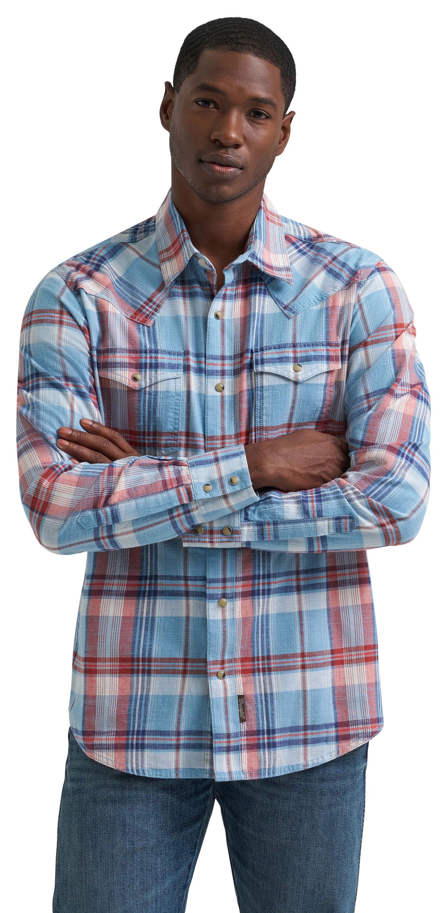 Image of Wrangler Retro Premium Solid Western Snap Long-Sleeve Shirt - Blue Multi