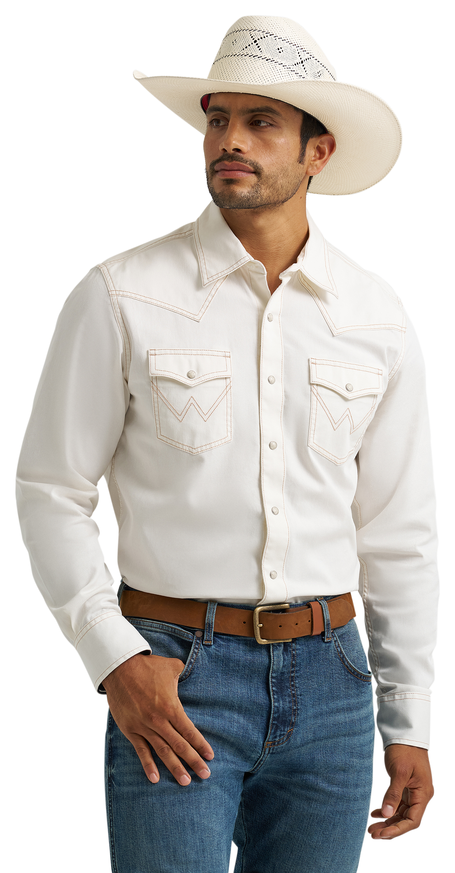 Image of Wrangler Retro Premium Solid Western Snap Long-Sleeve Shirt - Egret