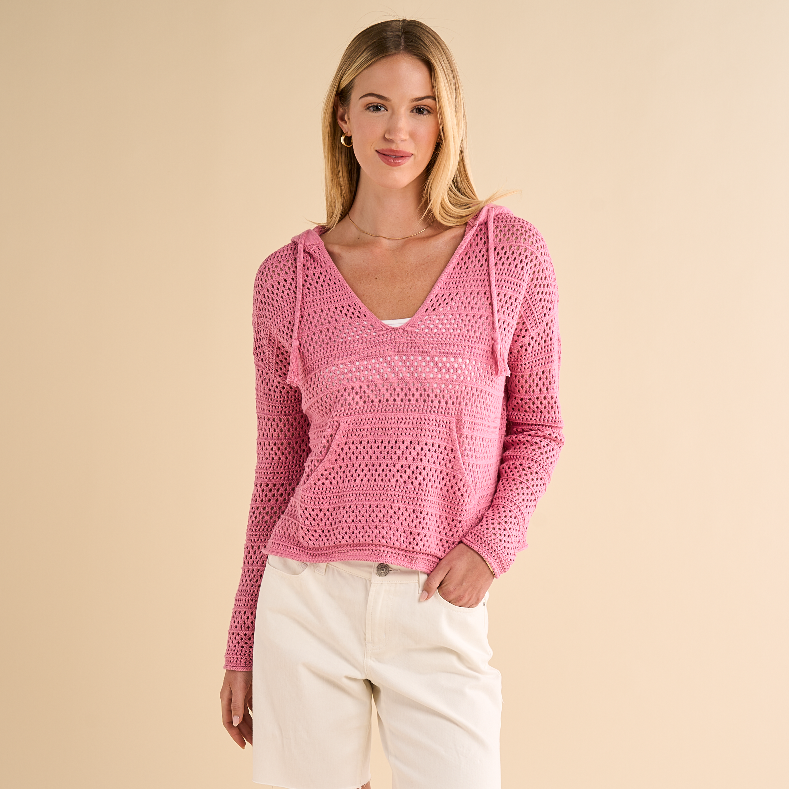Image of Natural Reflections Crochet Hooded Pullover - Cashmere Rose