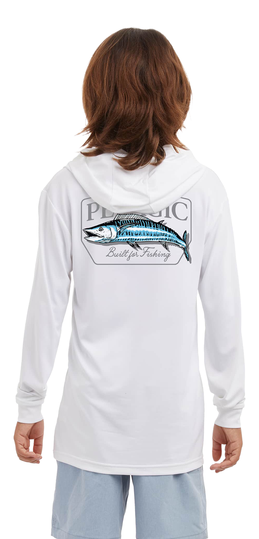 Image of Pelagic Aquatek Wahoo'd Hooded Long-Sleeve Fishing Shirt for Kids - White - S