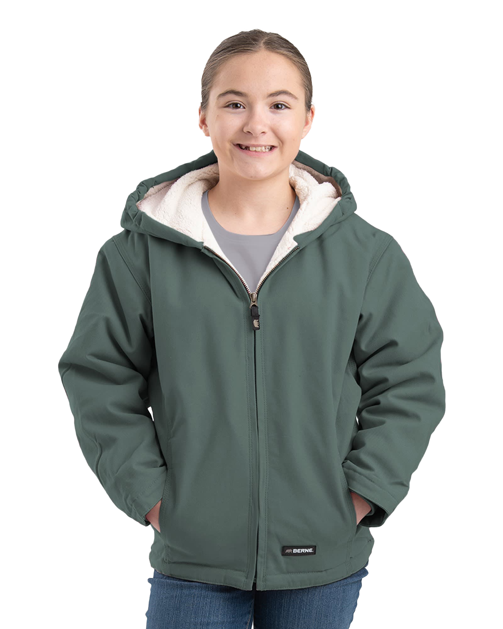 Image of Berne Sherpa-Lined Softstone Duck Princess-Seam Hooded Jacket for Kids - Eucalyptus - L