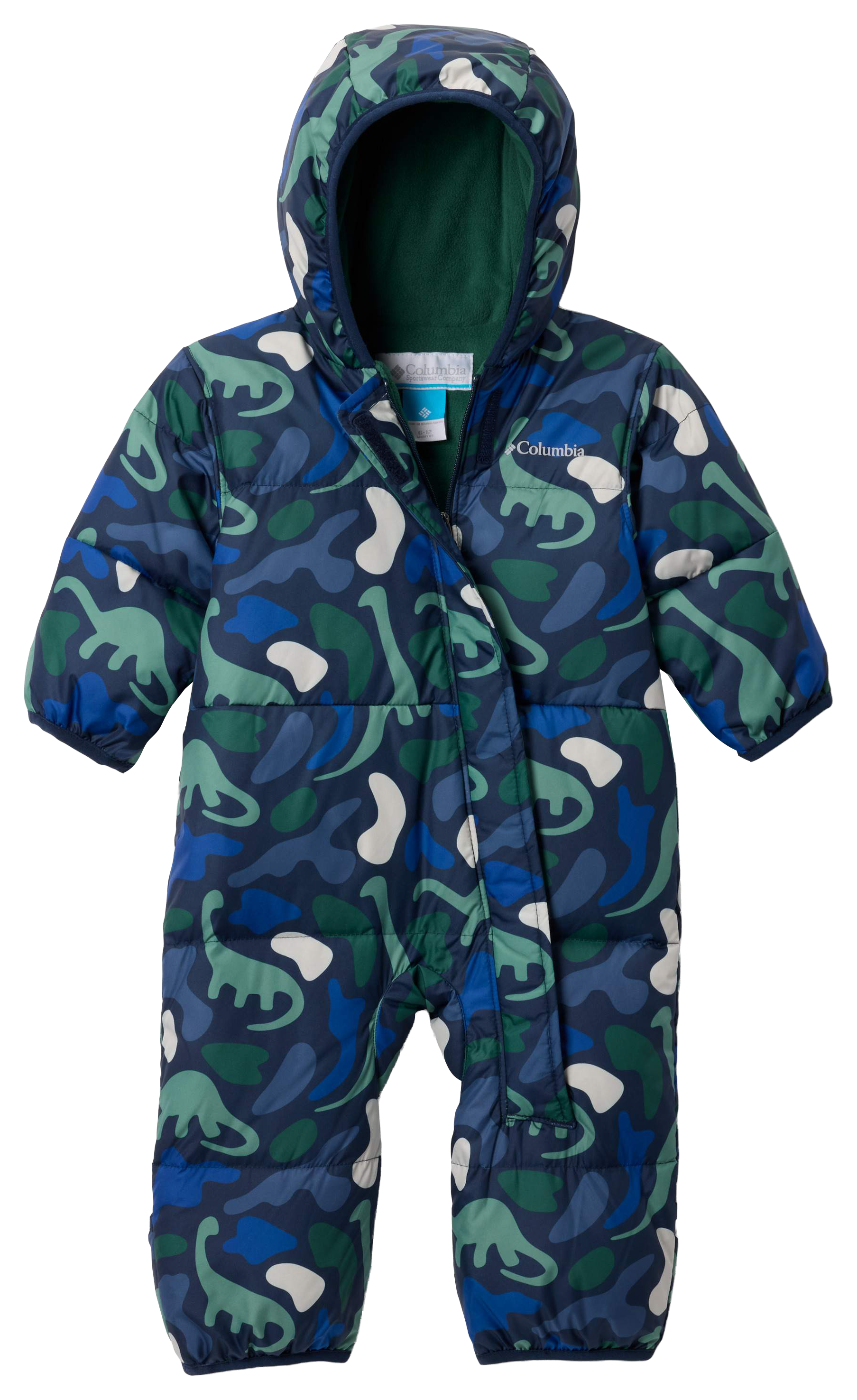 Image of Columbia Snuggly Bunny II Bunting for Babies - Collegiate Navy Dinoflauge/Rain Forest - 6-12 Months