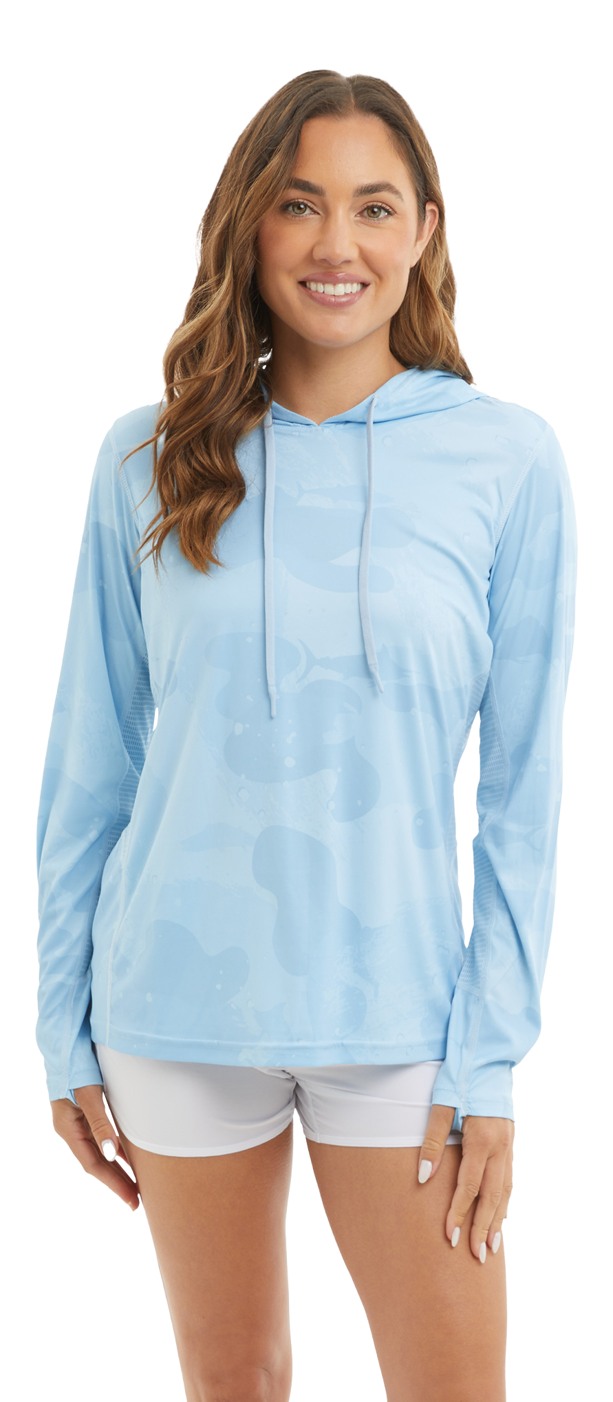Image of Pelagic Vaportek Hooded Long-Sleeve Fishing Shirt - Light Blue - M