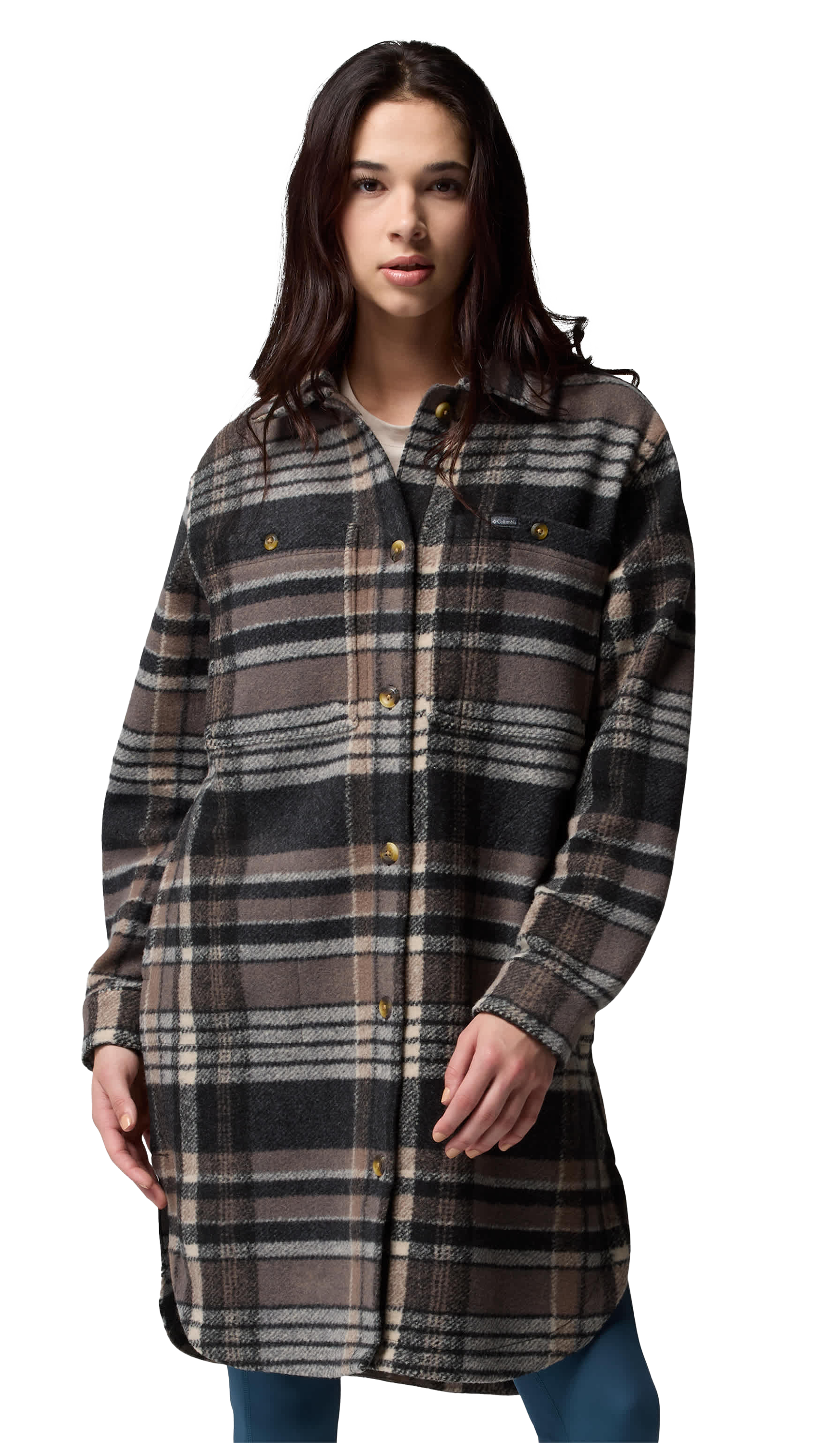Image of Columbia Wildest Venture Long Fleece Coat - Black Vagabond Plaid - XS