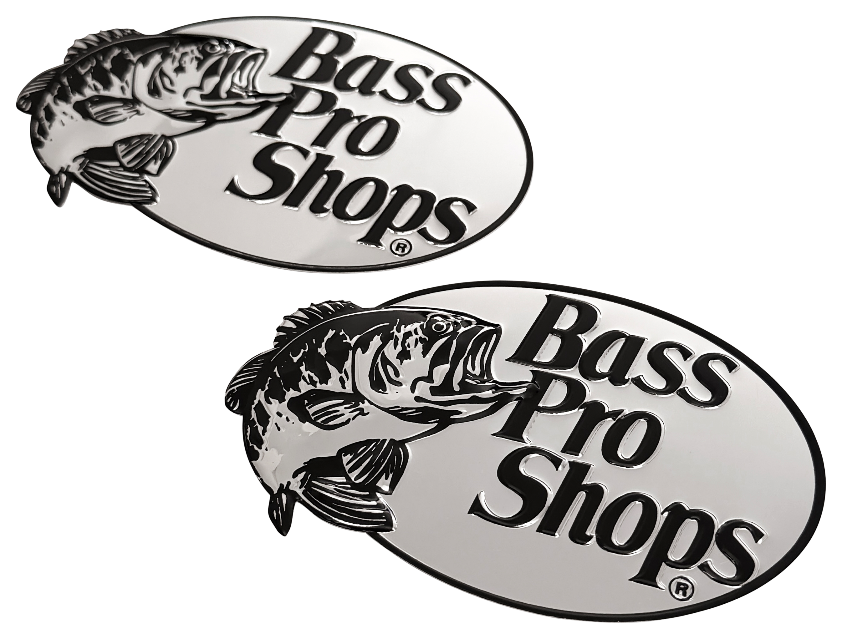 Image of Bass Pro Shops Logo Metal Bottle Badge Decal - Chrome/Black