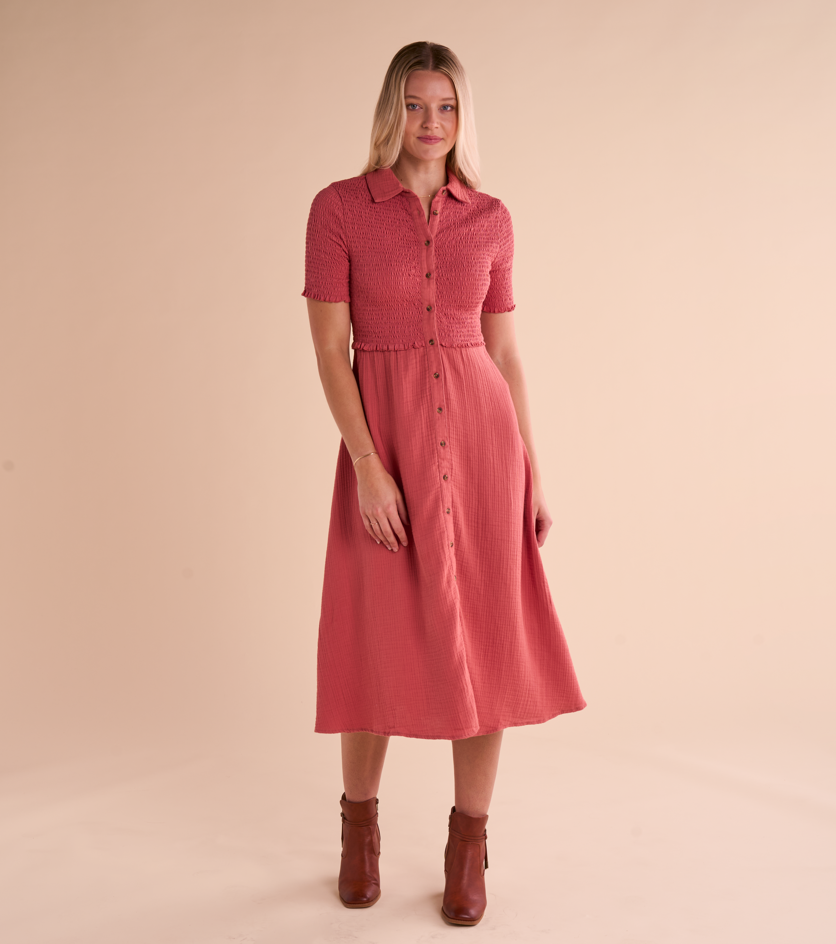 Image of Natural Reflections Mixed Media Button-Down Short-Sleeve Dress - Canyon Rose