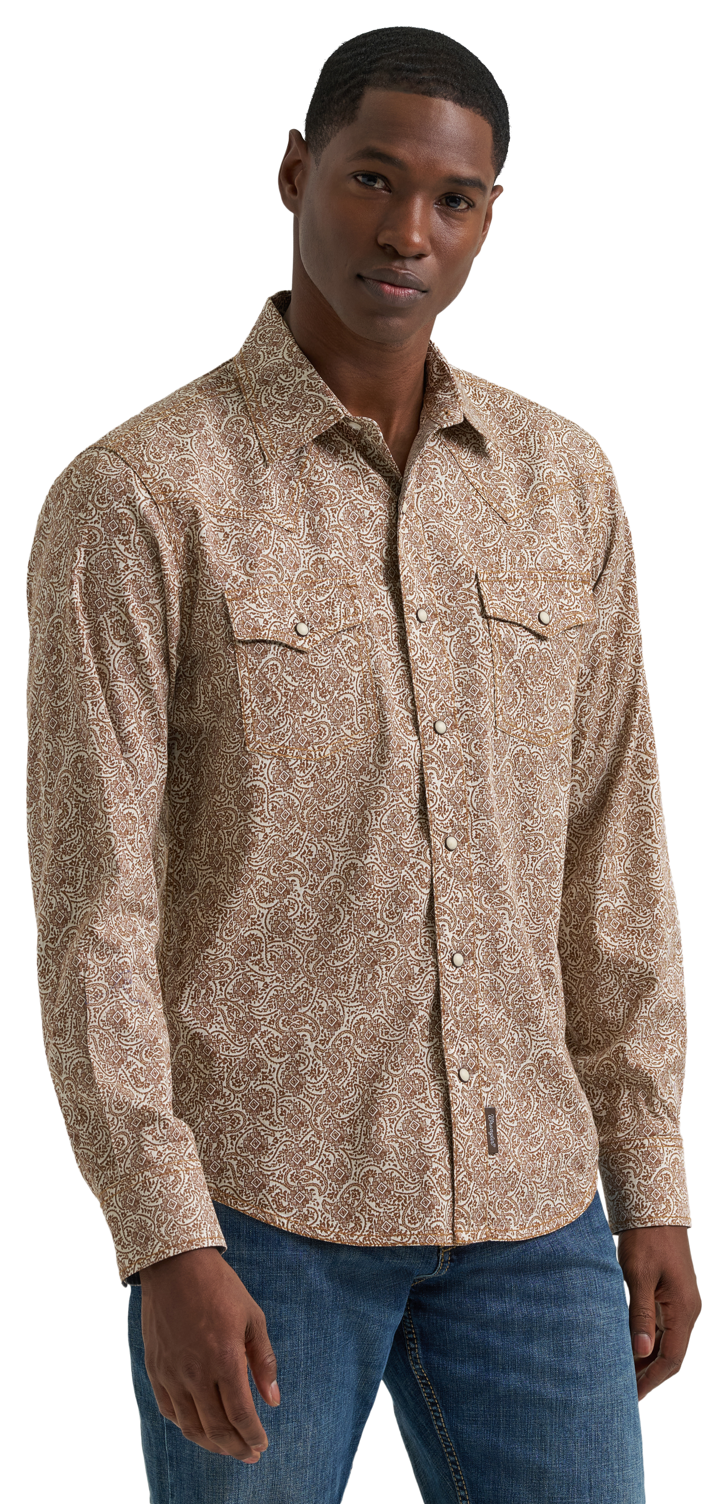 Wrangler Retro Premium Modern-Fit Long-Sleeve Shirt - Ecru/Brown