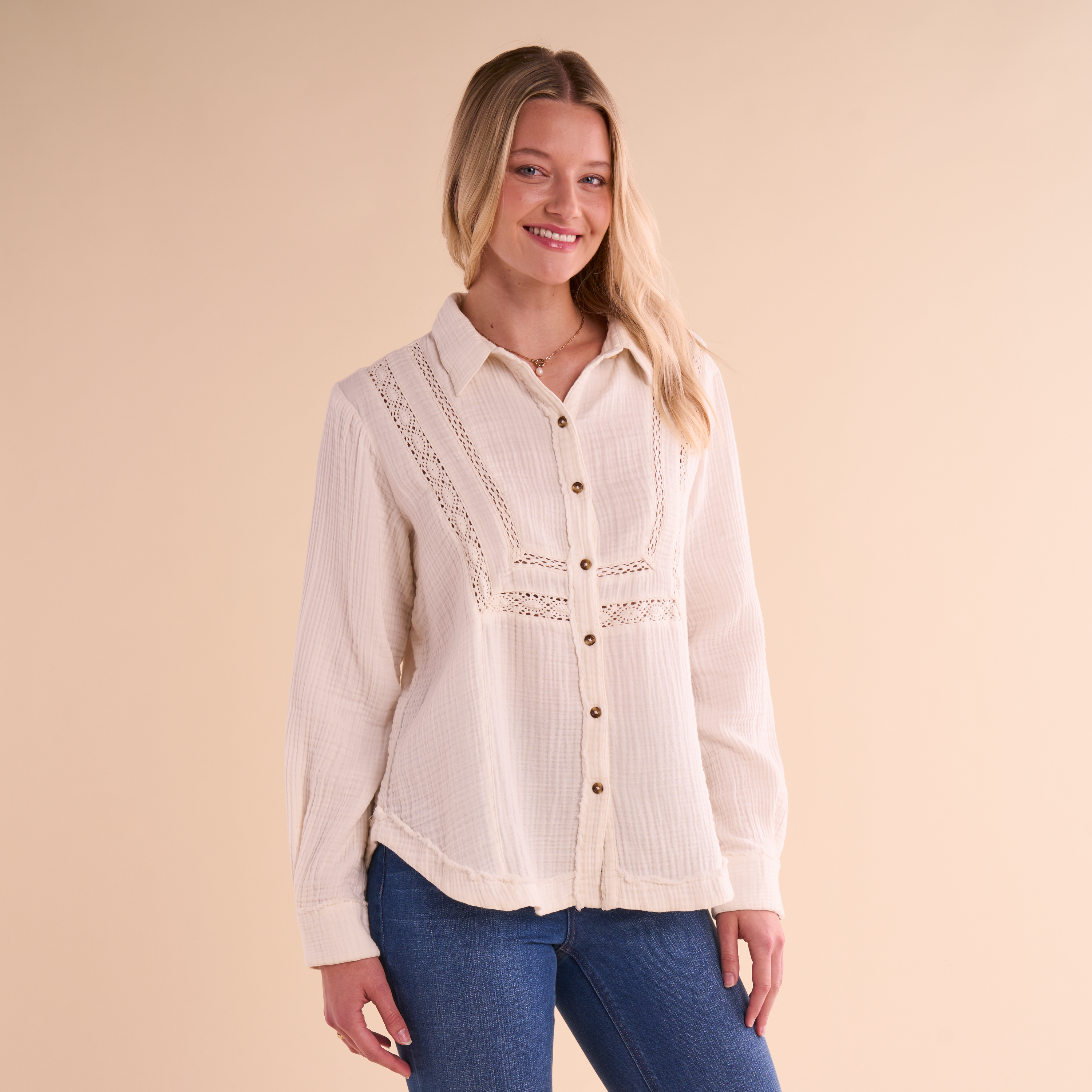 Image of Natural Reflections Lace-Trim Double Cloth Button-Down Long-Sleeve Shirt - Egret