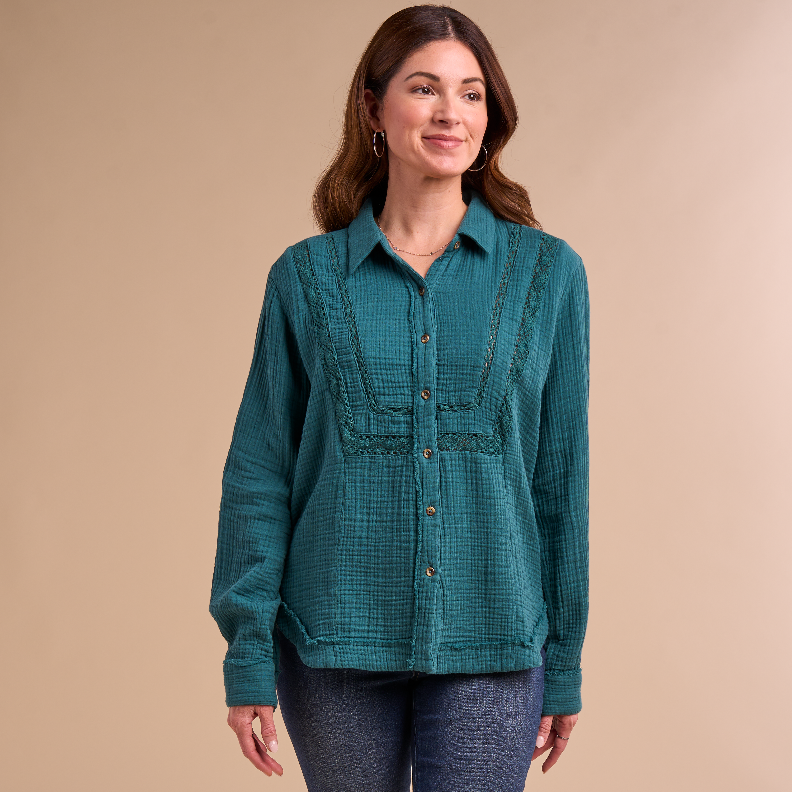 Image of Natural Reflections Lace-Trim Double Cloth Button-Down Long-Sleeve Shirt - Mediterranea