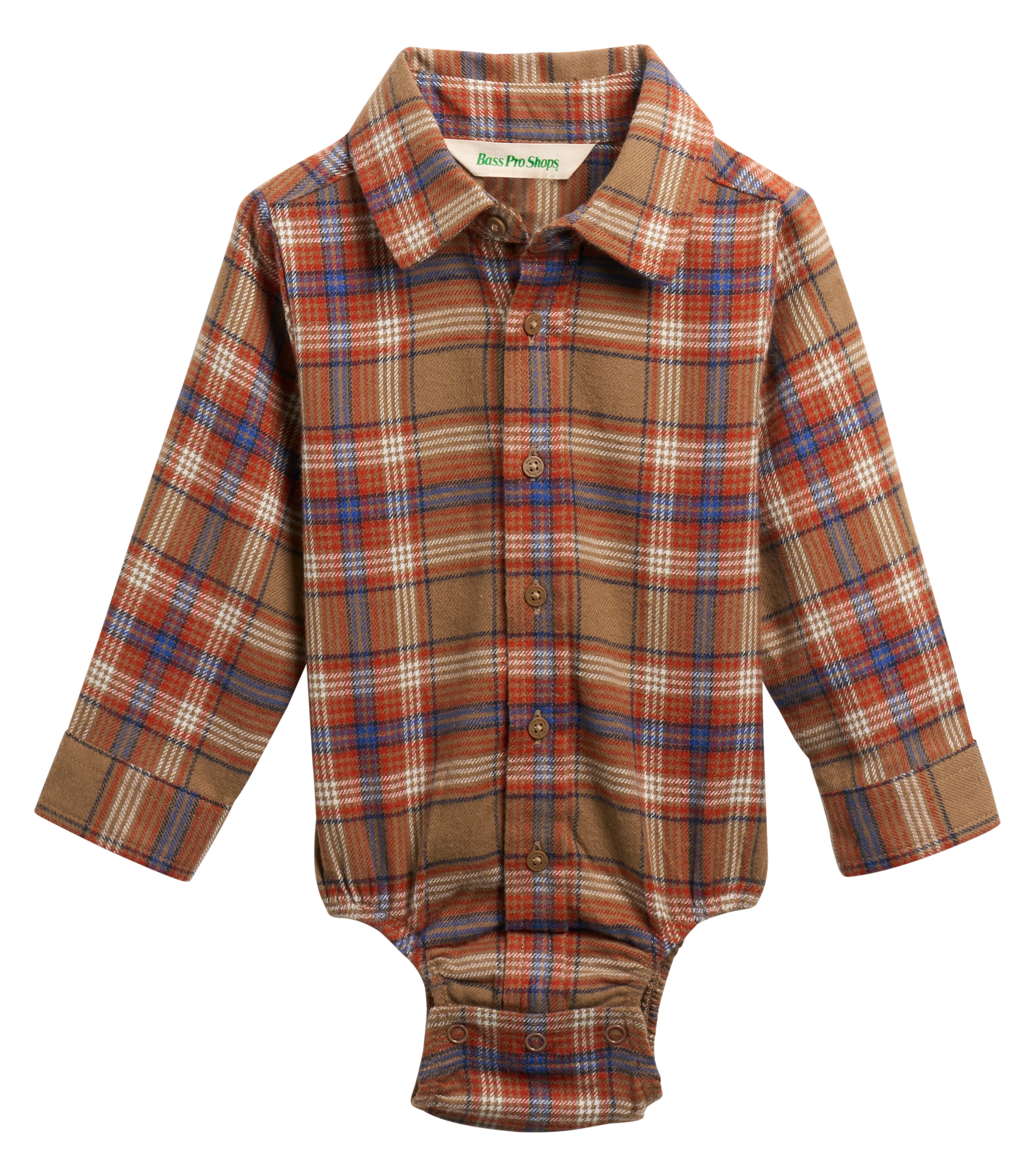 Image of Bass Pro Shops Flannel Long-Sleeve Button-Down Bodysuit for Babies - Cocoa Plaid