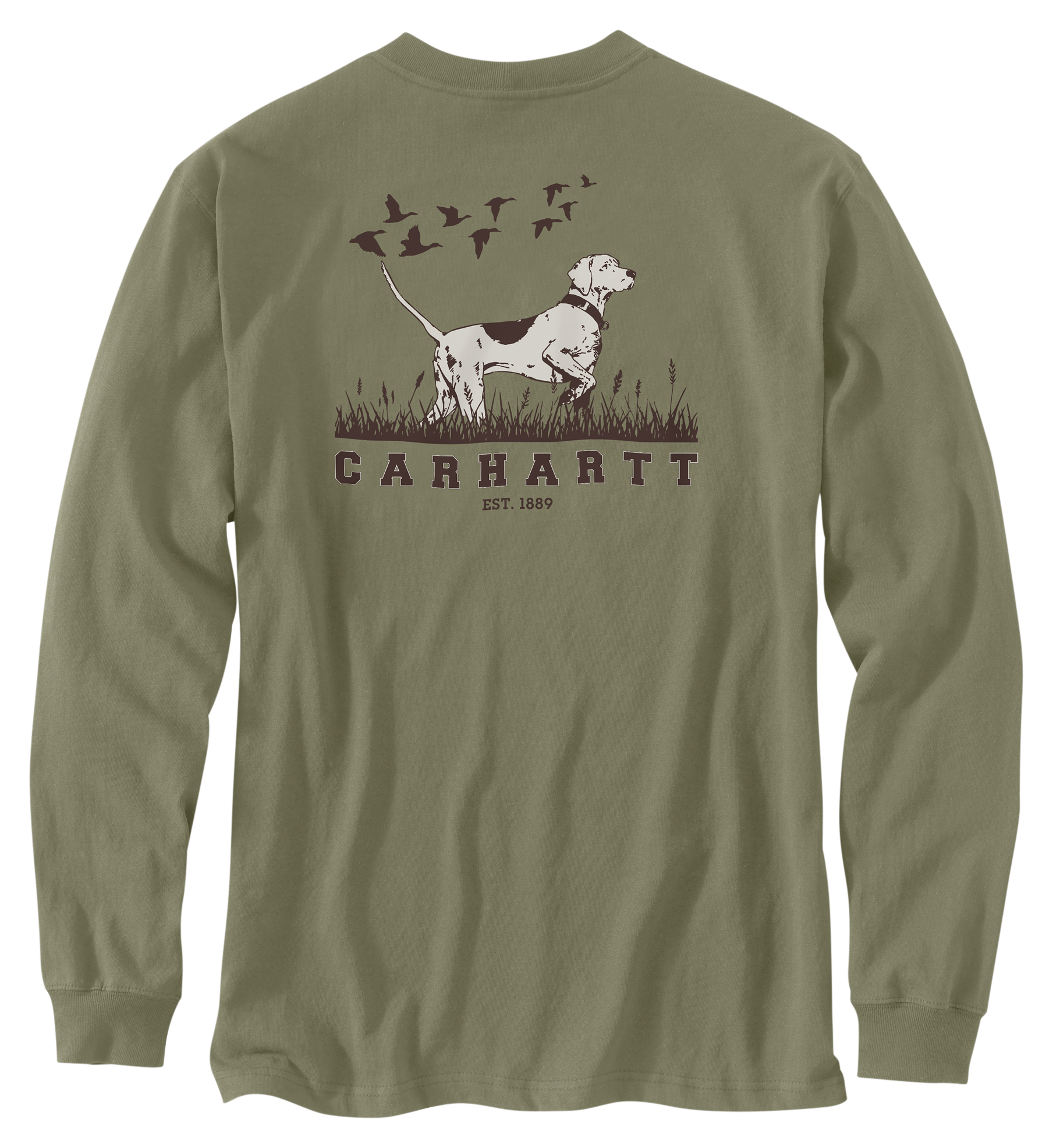 Image of Carhartt Irvine Relaxed-Fit Pointer Dog Long-Sleeve Pocket T-Shirt - Dusty Olive/Dark Clove