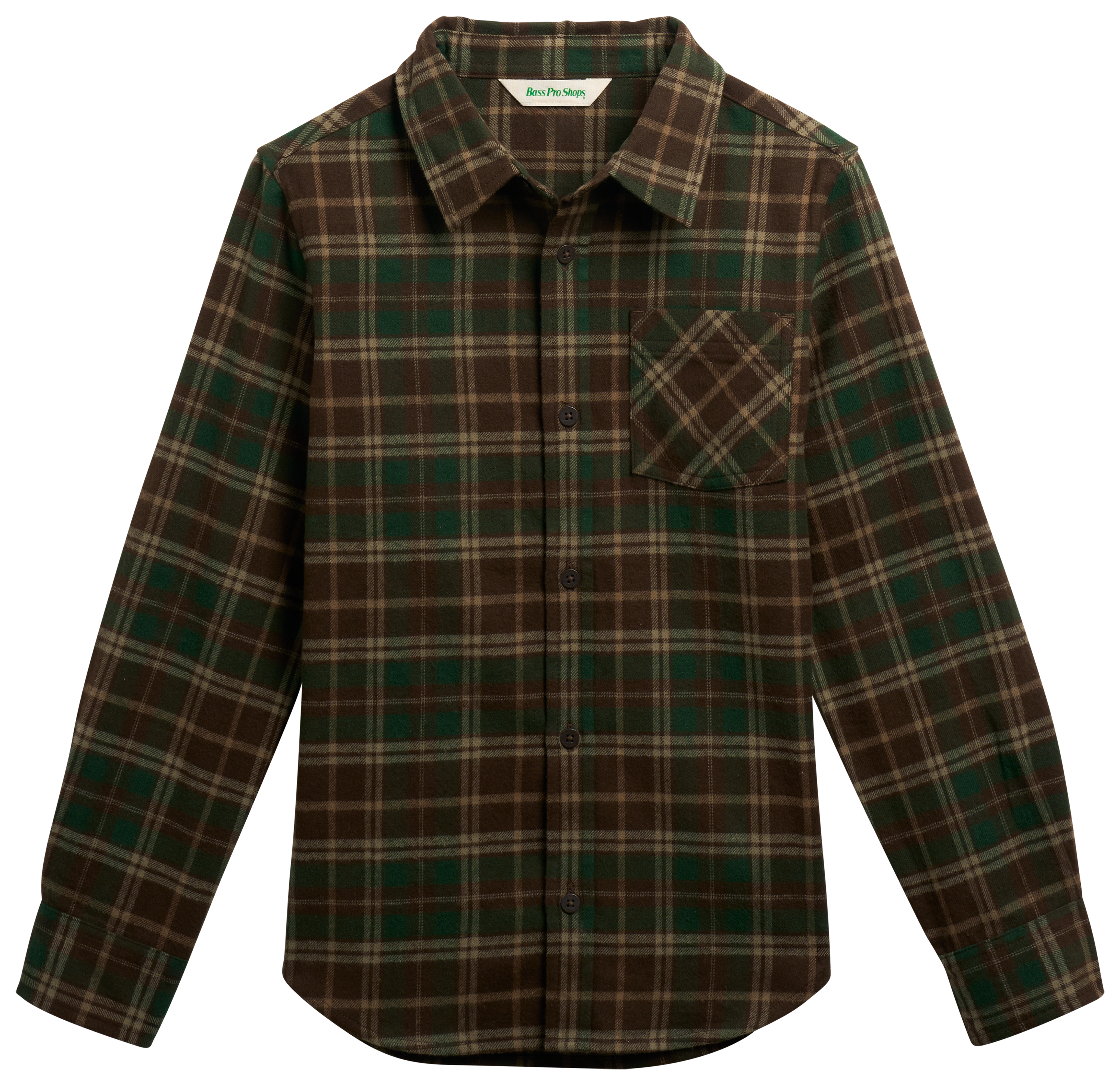 Image of Bass Pro Shops Plaid Flannel Long-Sleeve Button-Down Shirt for Kids - Green Plaid