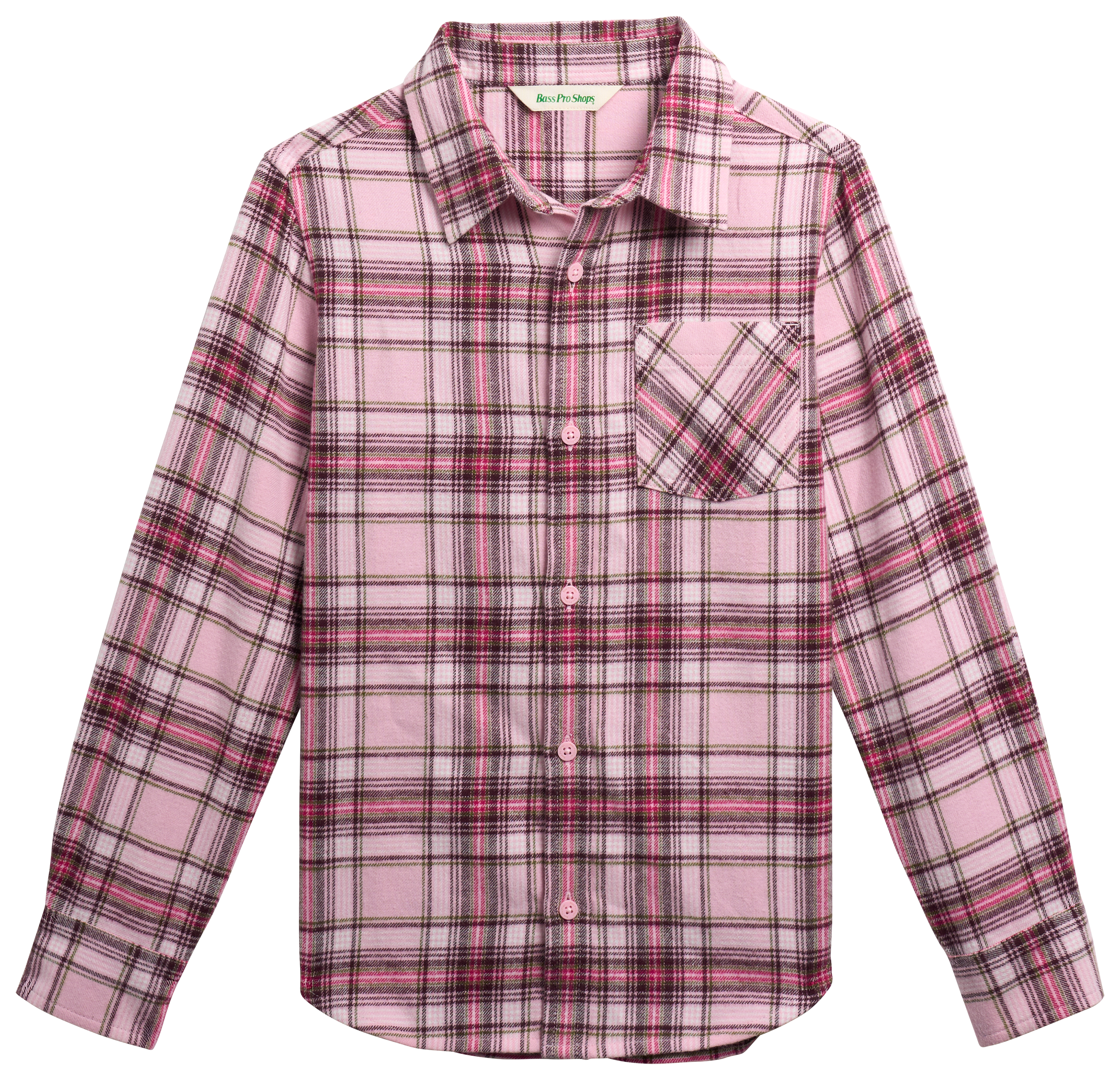 Image of Bass Pro Shops Plaid Flannel Long-Sleeve Button-Down Shirt for Kids - Pink Plaid