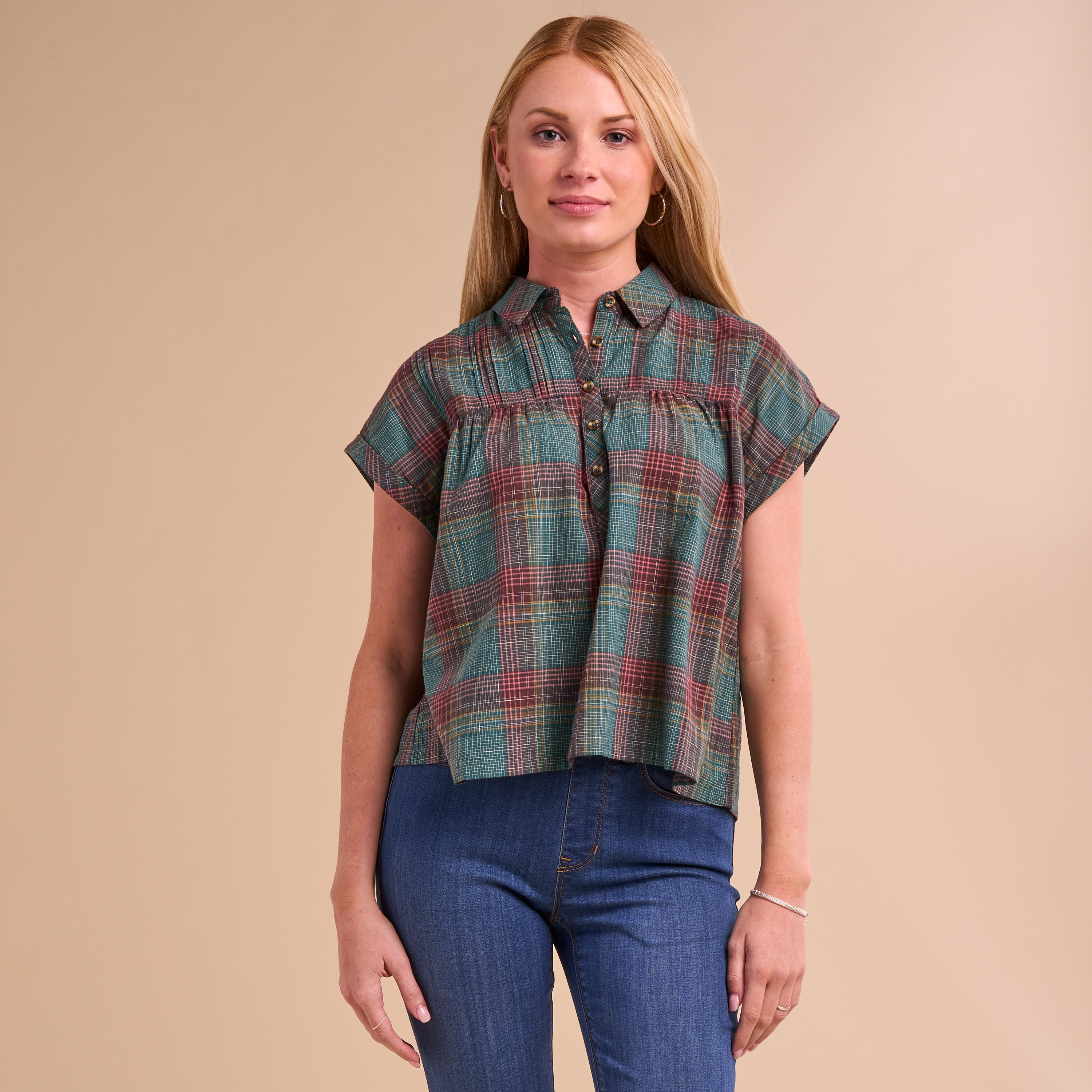 Image of Natural Reflections Plaid Henley Short-Sleeve Pullover Shirt - Mediterannea Plaid