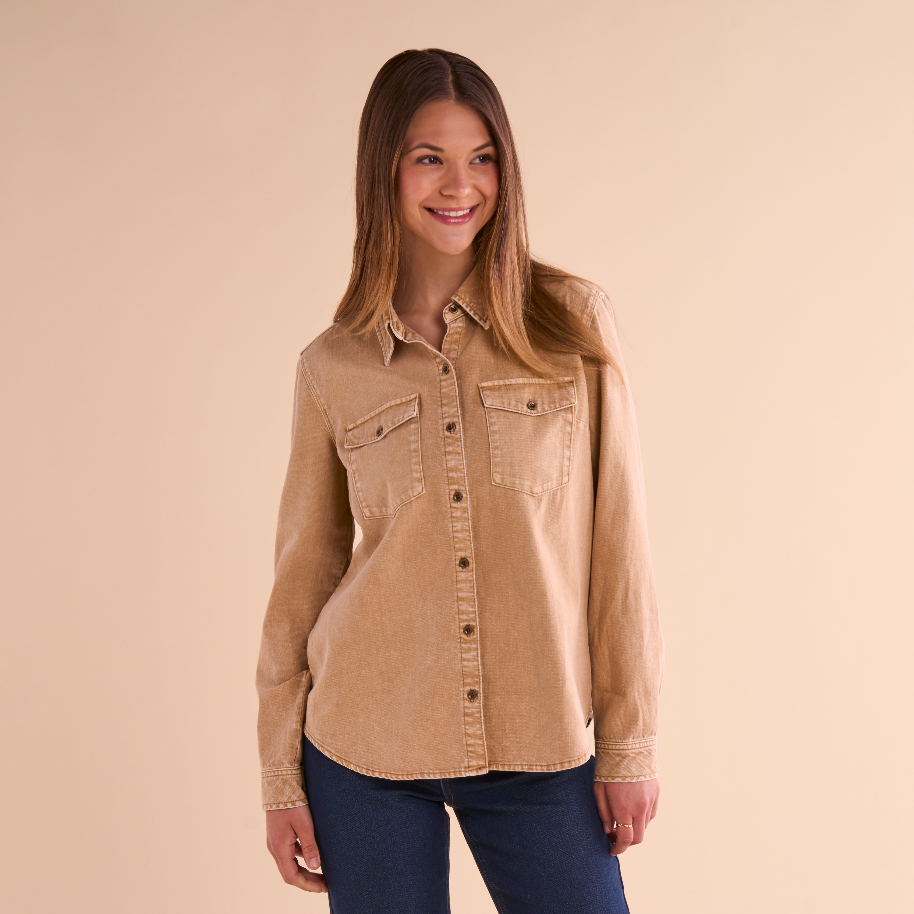 Image of Natural Reflections Denim Long-Sleeve Button-Down Shirt - Tan