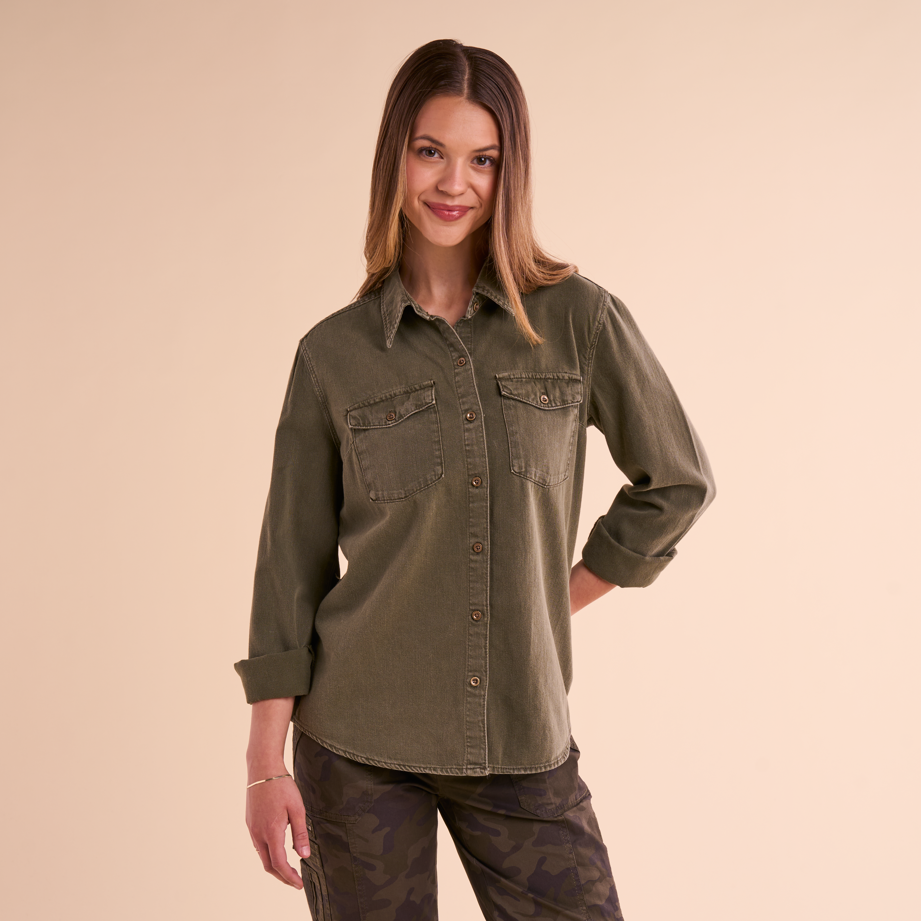 Image of Natural Reflections Denim Long-Sleeve Button-Down Shirt - Olive