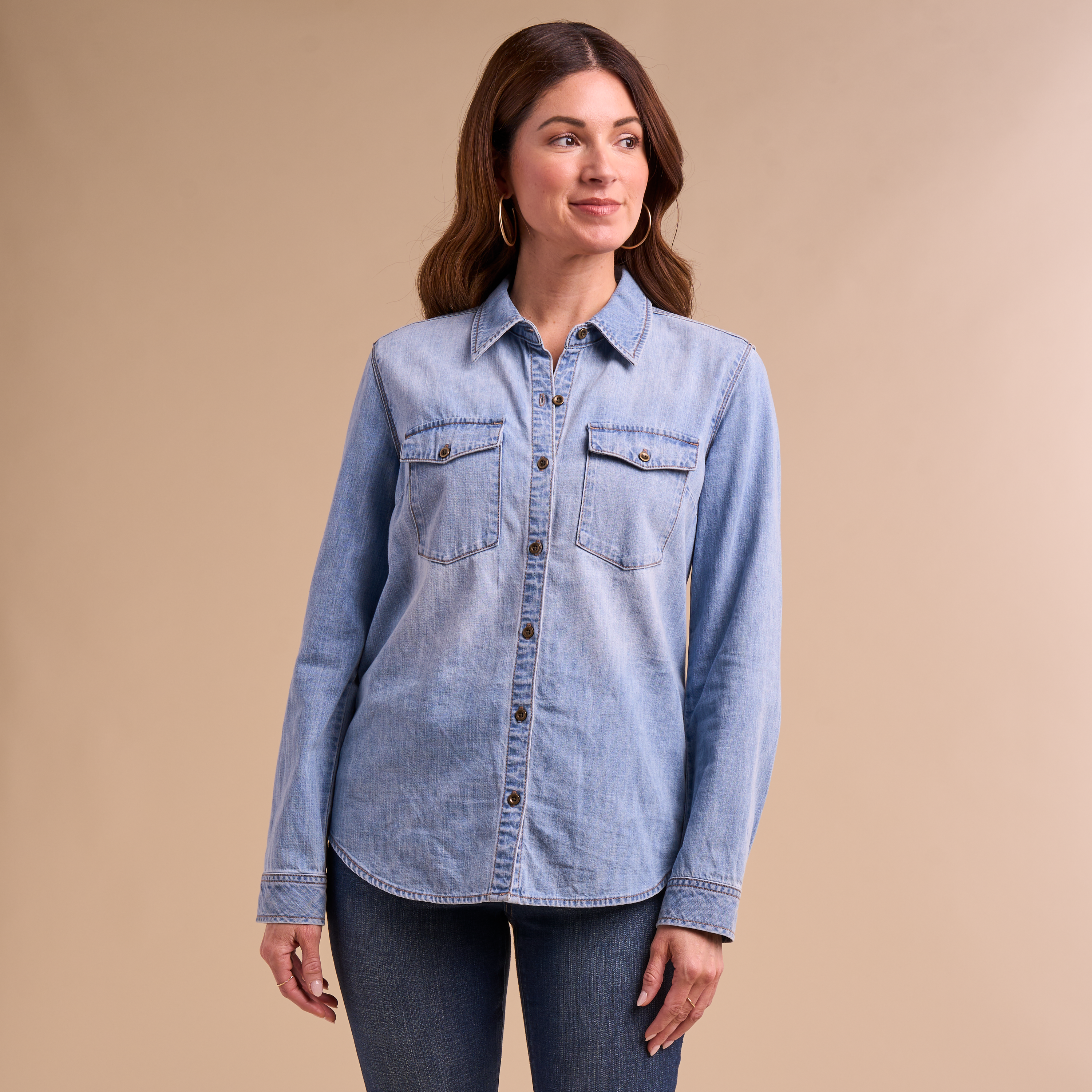 Image of Natural Reflections Denim Long-Sleeve Button-Down Shirt - Light Wash