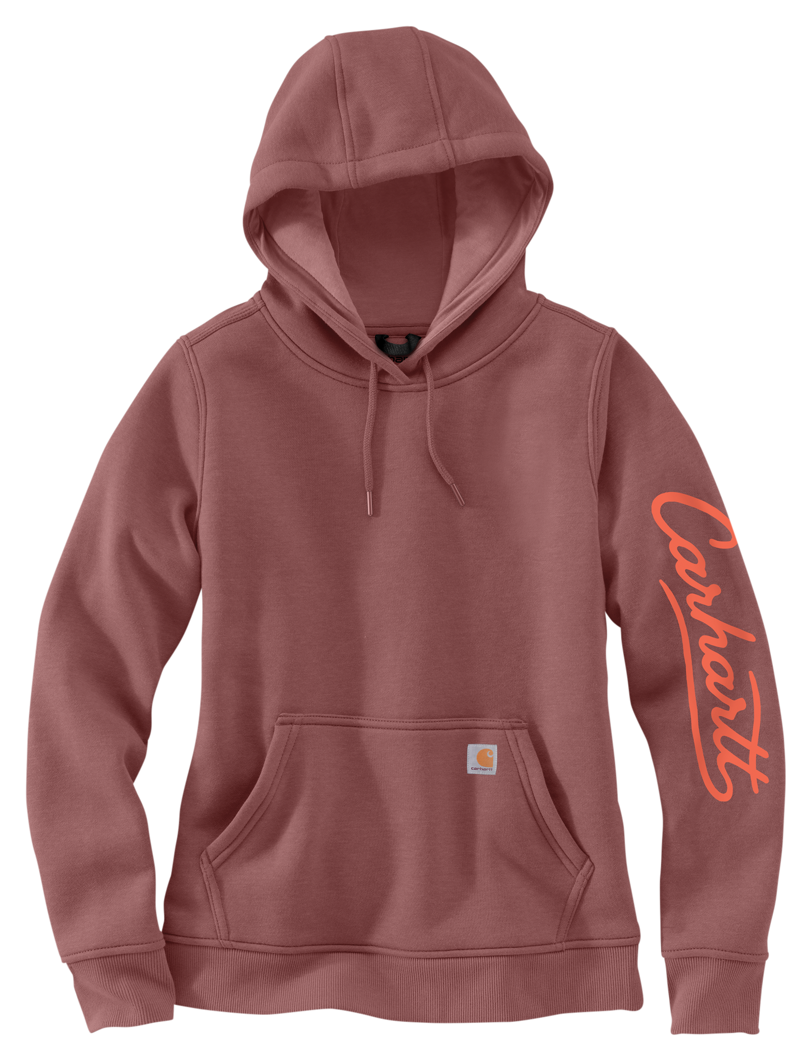 Image of Carhartt Sawyer Script Logo Graphic Sleeve Hooded Sweatshirt - Dark Rose Tint