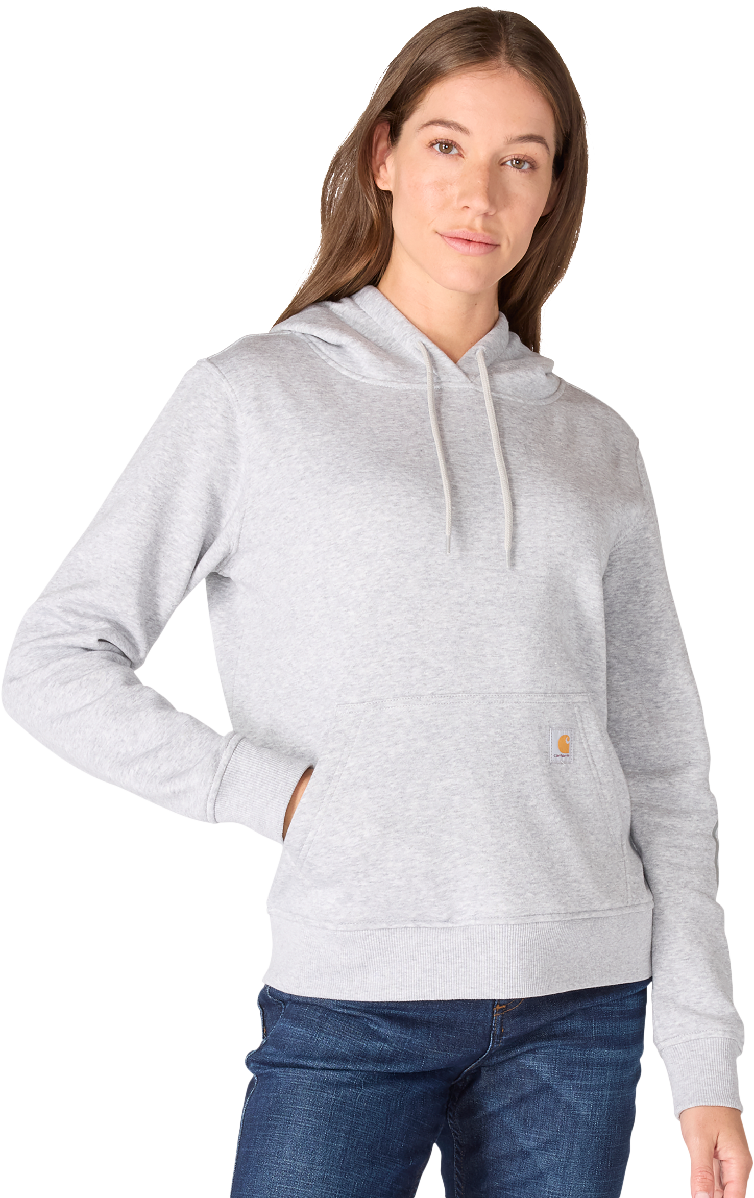 Image of Carhartt Sawyer Script Logo Graphic Sleeve Hooded Sweatshirt - Heather Gray