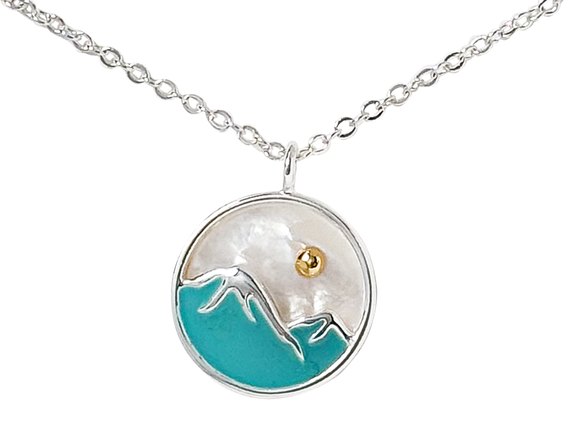 AMANDA BLU MOP and Enamel Mountain Scene Silver Necklace