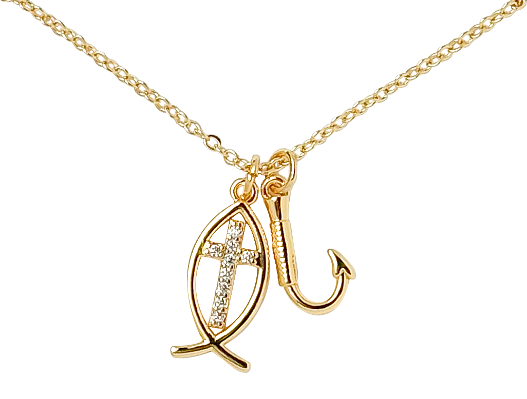 AMANDA BLU Shepherd's Cross and Fishhook Duo Cubic Zirconia Gold Necklace