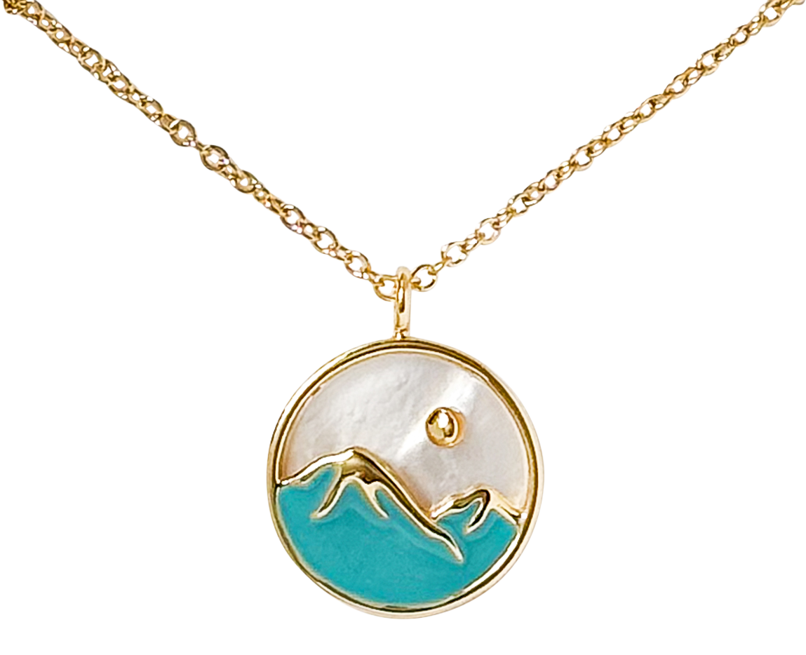 AMANDA BLU Mother of Pearl and Enamel Mountain Scene Gold Necklace
