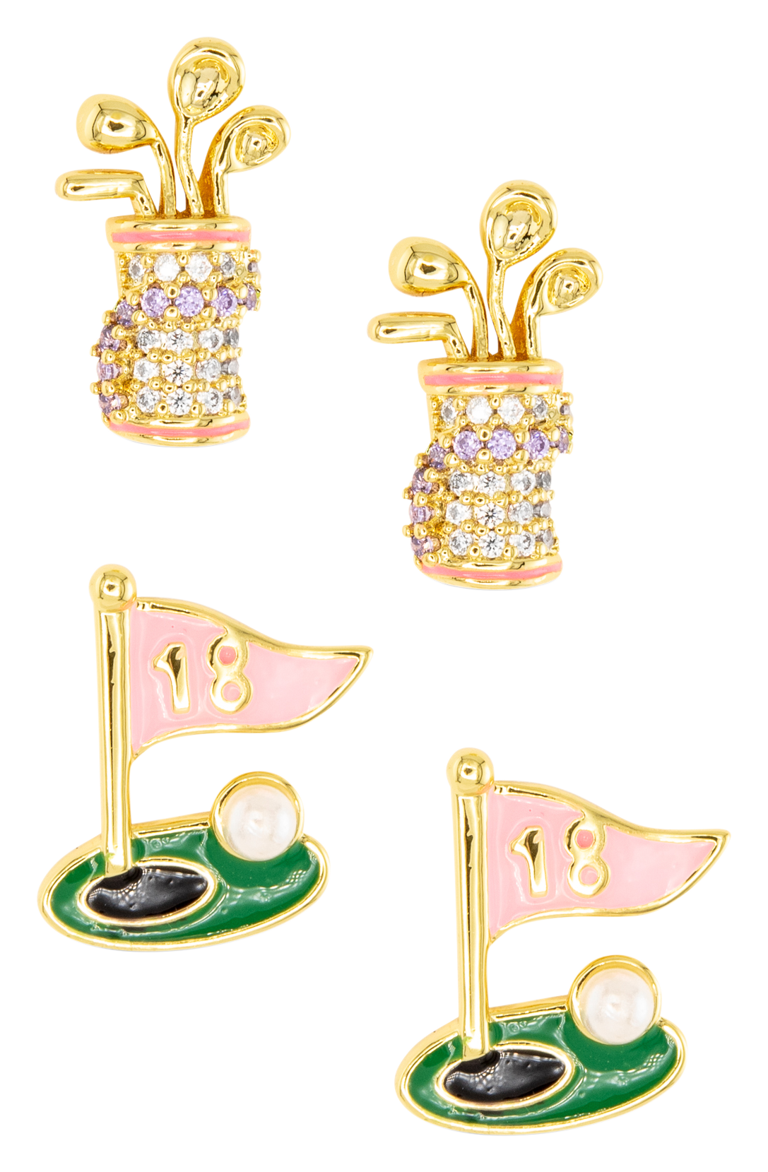 Image of Amanda Blu Golf Bag and Flag Cubic Zirconia Gold Earrings 2-Pair Set