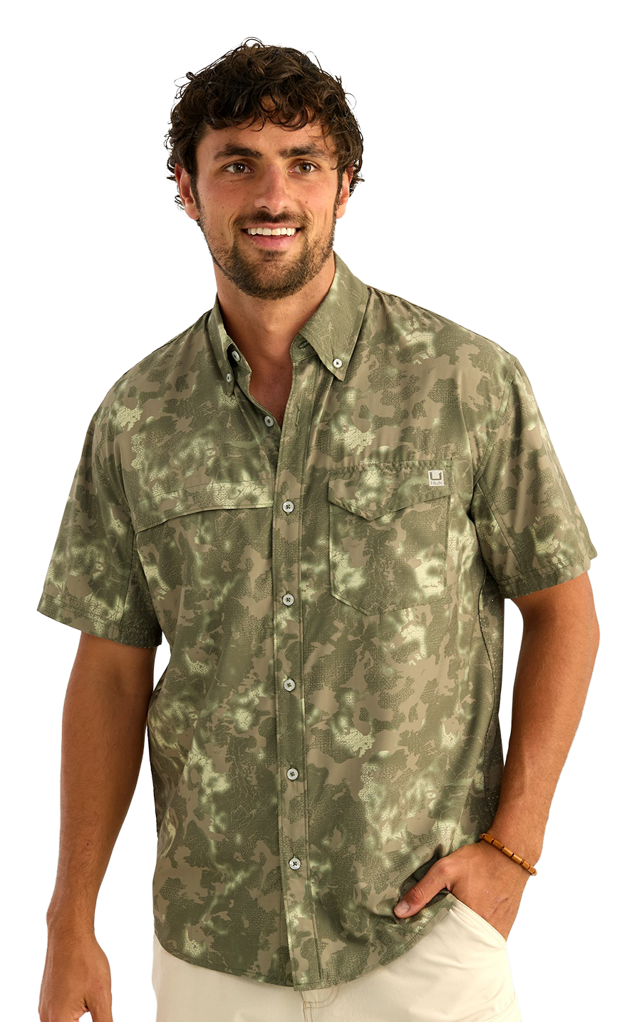 Image of Huk Tide Point KC Printed Short-Sleeve Button-Down Shirt - Moss