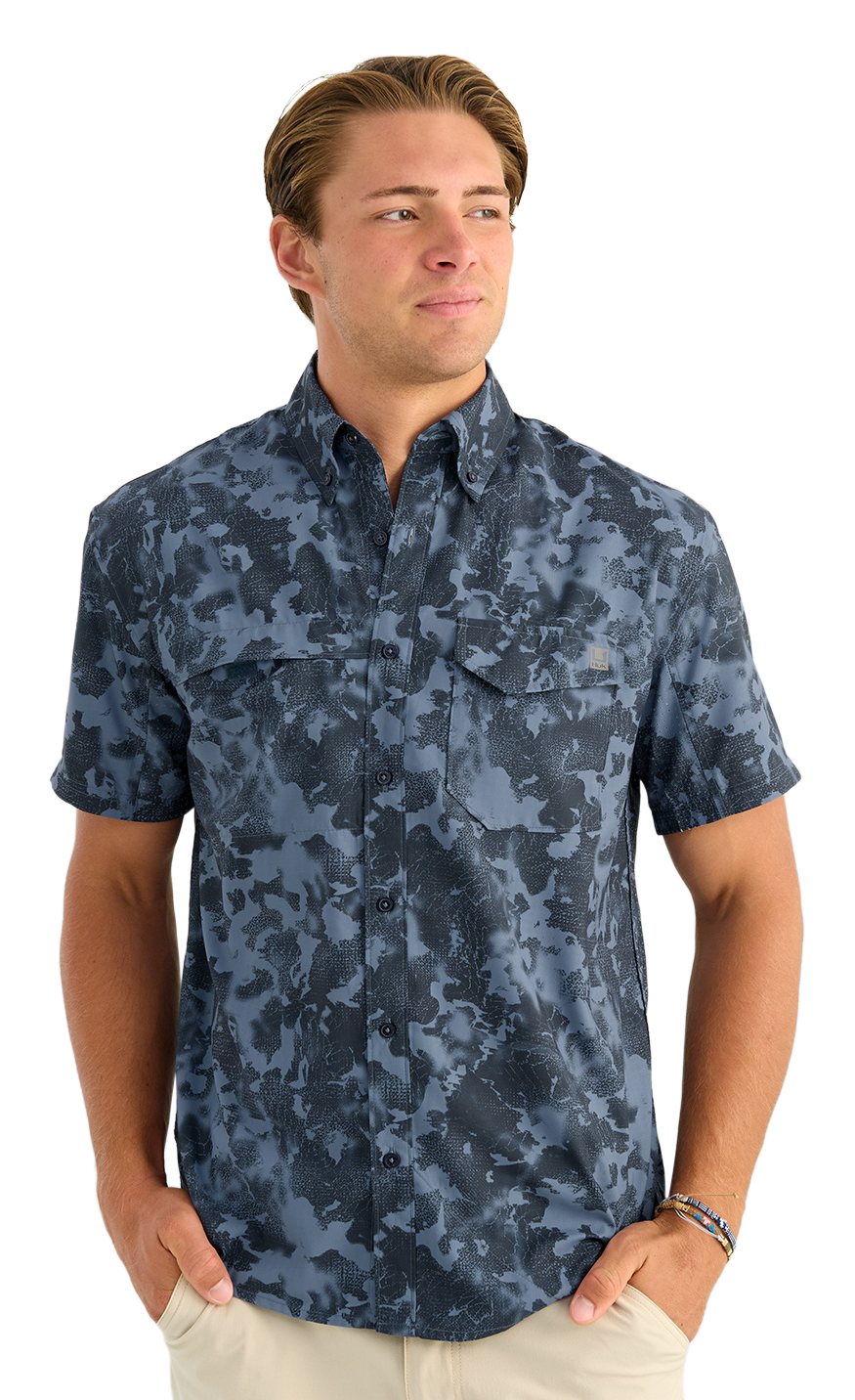 Image of Huk Tide Point KC Printed Short-Sleeve Button-Down Shirt - Stormy Blue