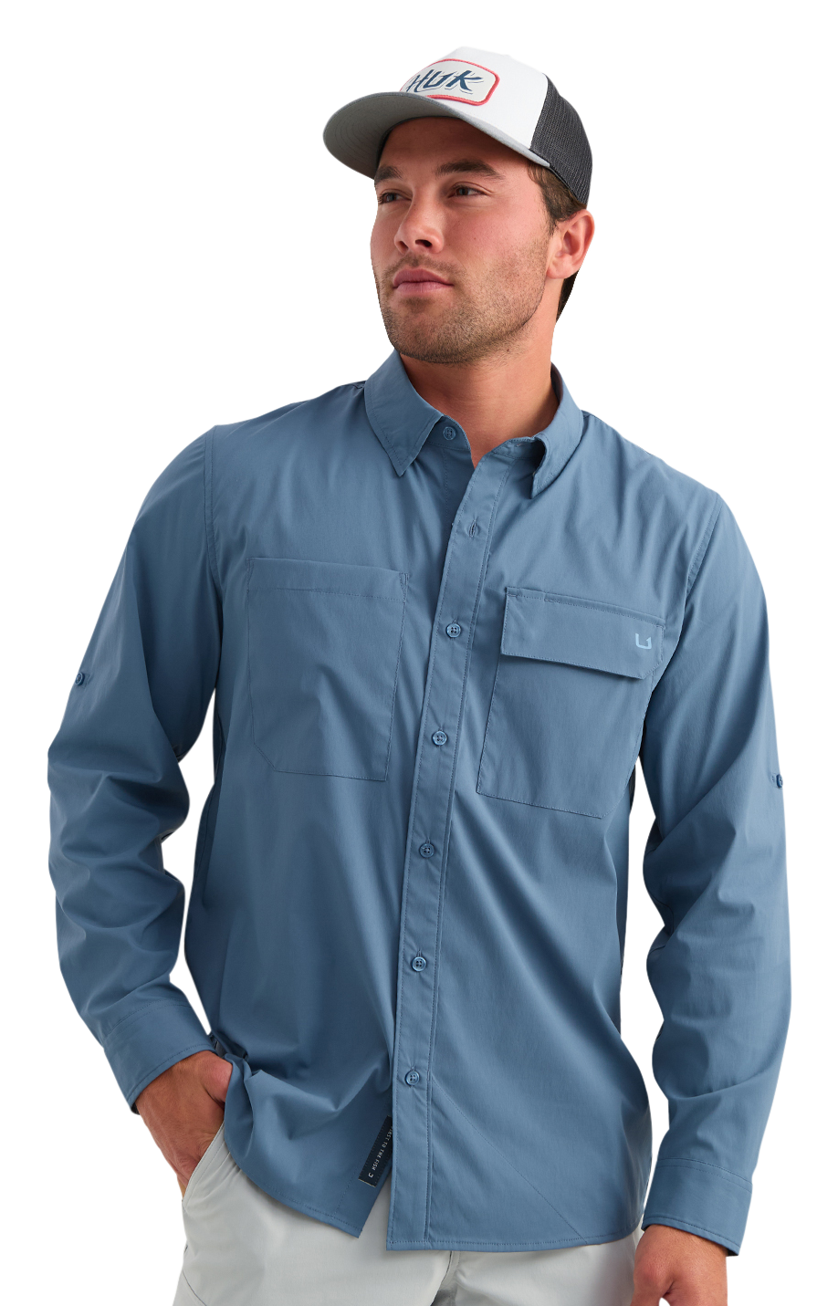 Image of Huk Icon Button-Down Long-Sleeve Fishing Shirt - Stormy Blue