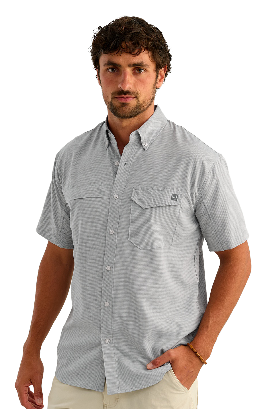 Huk Huk Tide Point Heather Ripstop Short-Sleeve Shirt - Sharkskin Heather - $70.00 at Bass Pro Shops