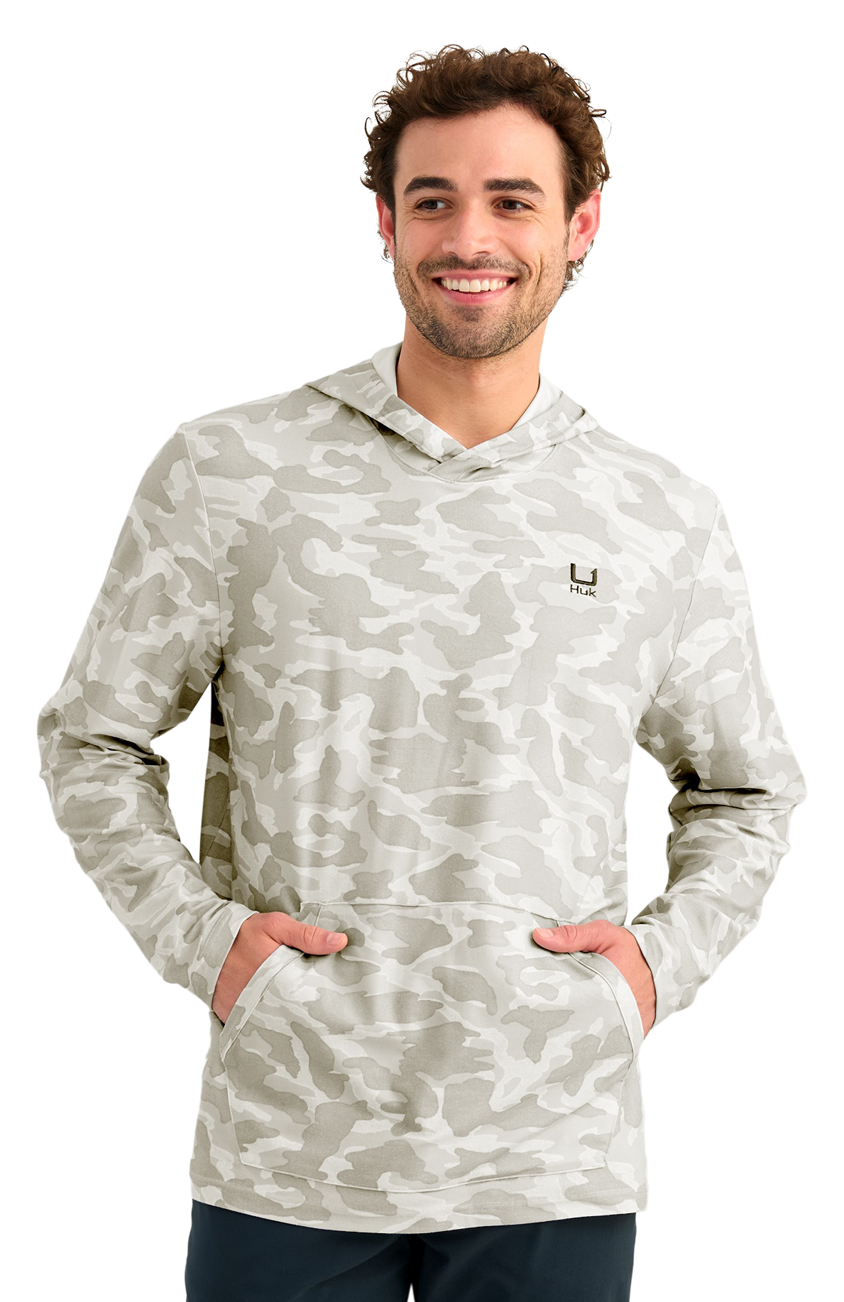 HUK LEEWARD PRINTED FLEECE HOODIE, Color: SEAGULL, Size: L (H1300123-059-L)