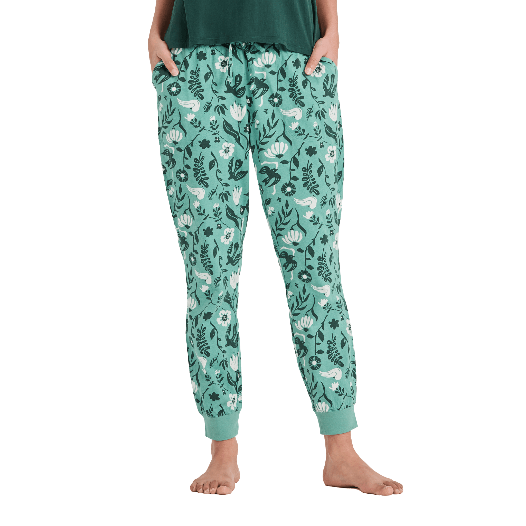 Life is Good Women's Woodblock Floral and Bird Pattern Snuggle Up Sleep Jogger Sleep Bottoms in Granite Green | Size XS | Cotton
