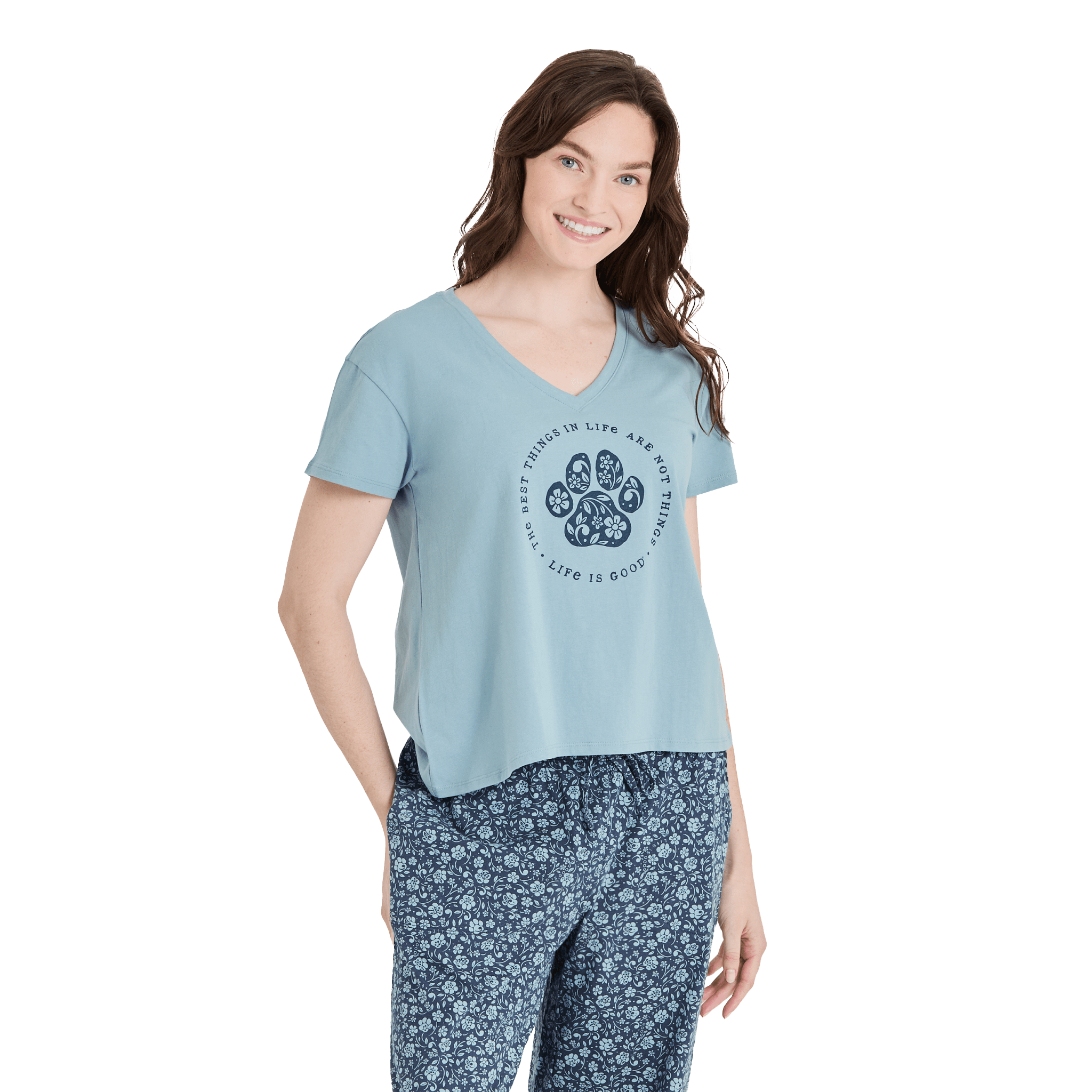 Life is Good Snuggle Up Best Things Floral Paw V-Neck Short-Sleeve Sleep T-Shirt - Smoky Blue