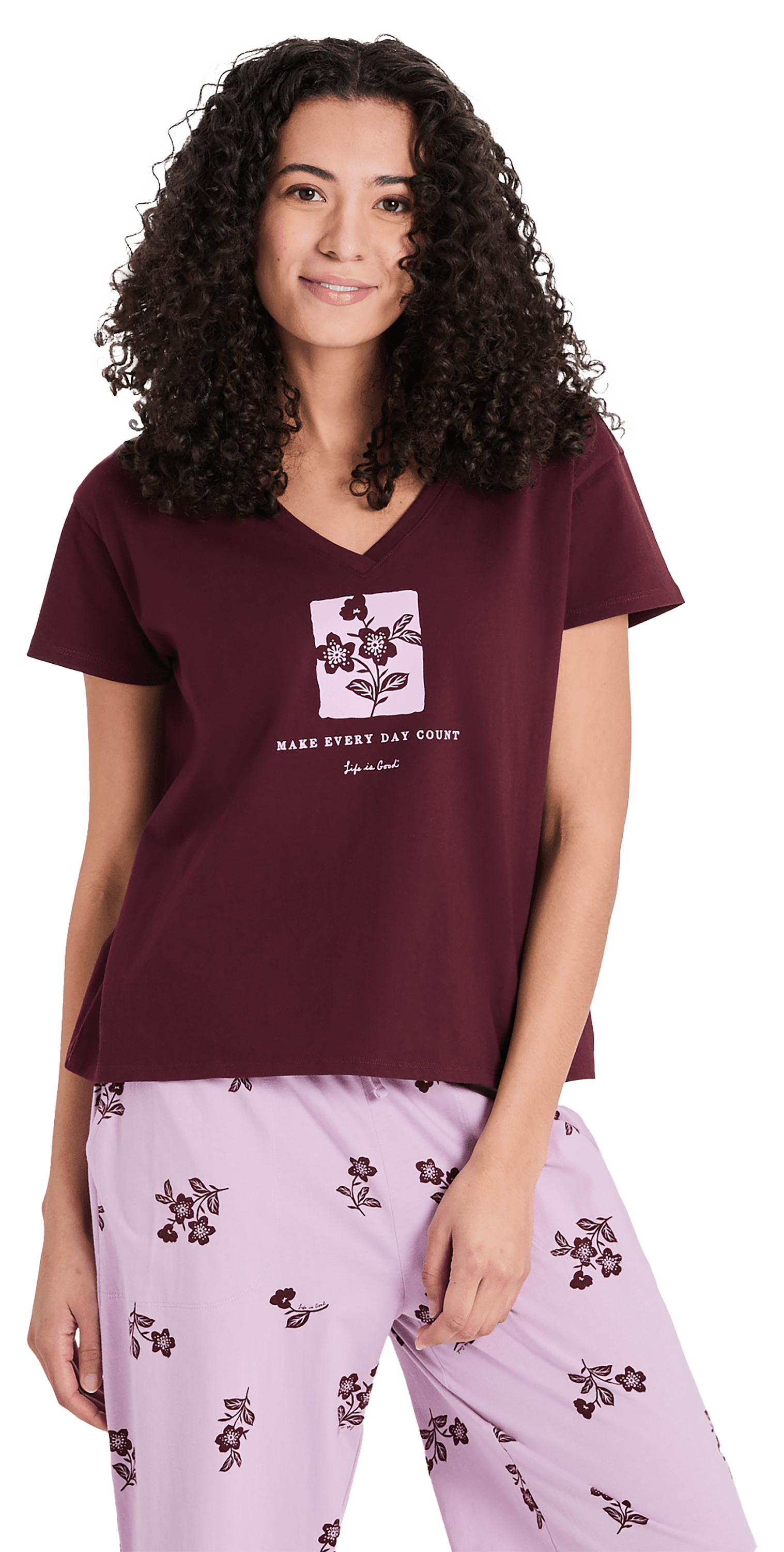 Image of Life is Good Snuggle Up Every Day Counts Flowers V-Neck Short-Sleeve Sleep T-Shirt - Deep Burgundy