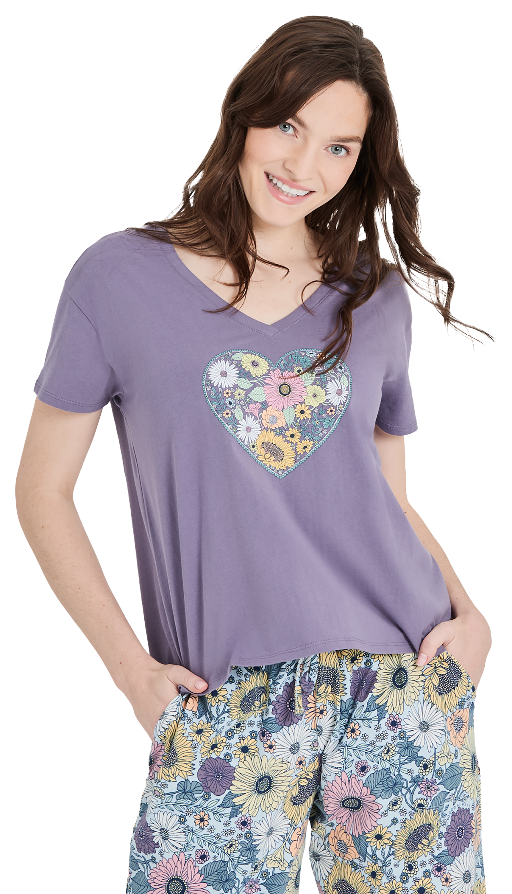 Image of Life is Good Snuggle Up Flowerful Love V-Neck Short-Sleeve Sleep T-Shirt - Dusk Purple
