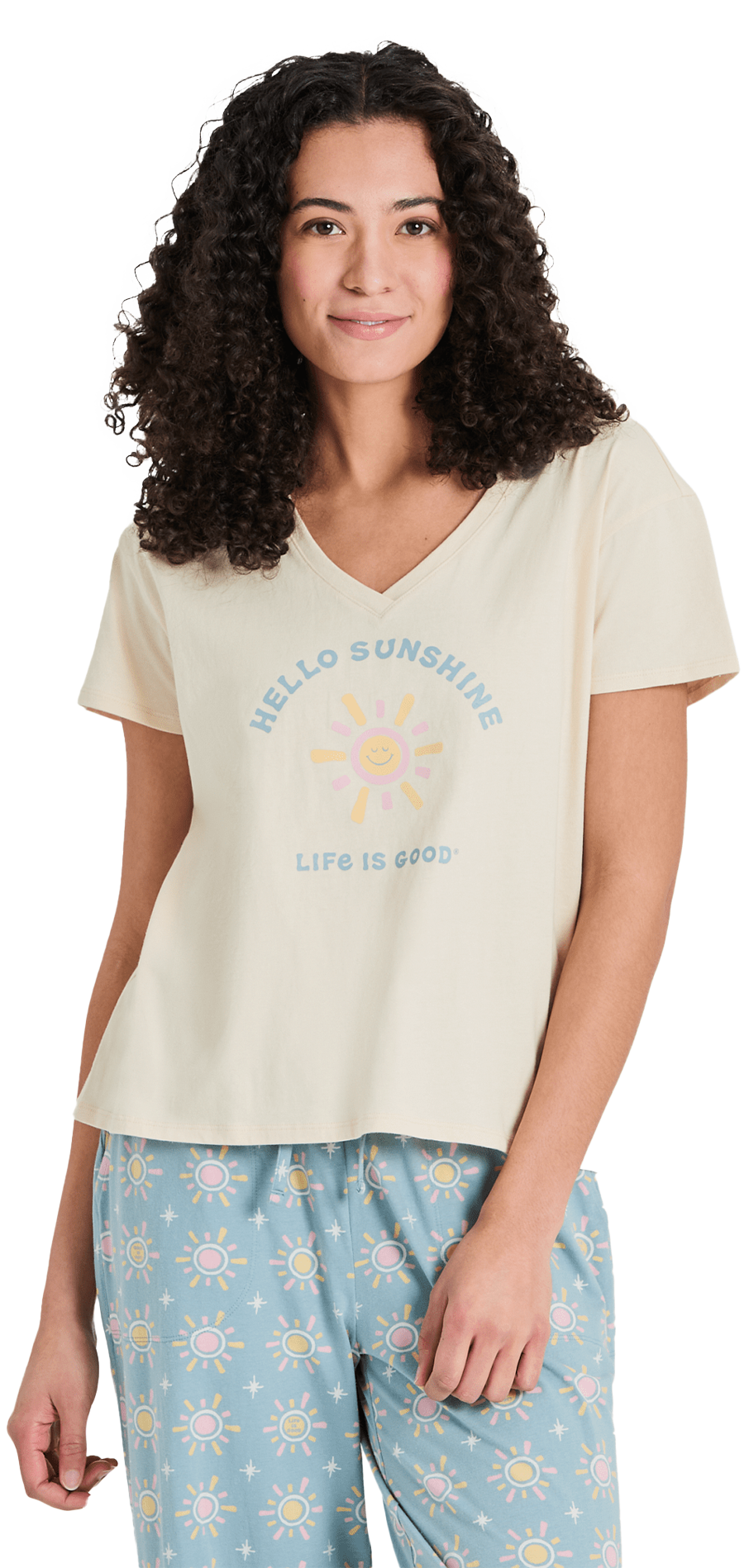 Image of Life is Good Snuggle Up Hello Sunshine V-Neck Short-Sleeve Sleep T-Shirt - Putty White
