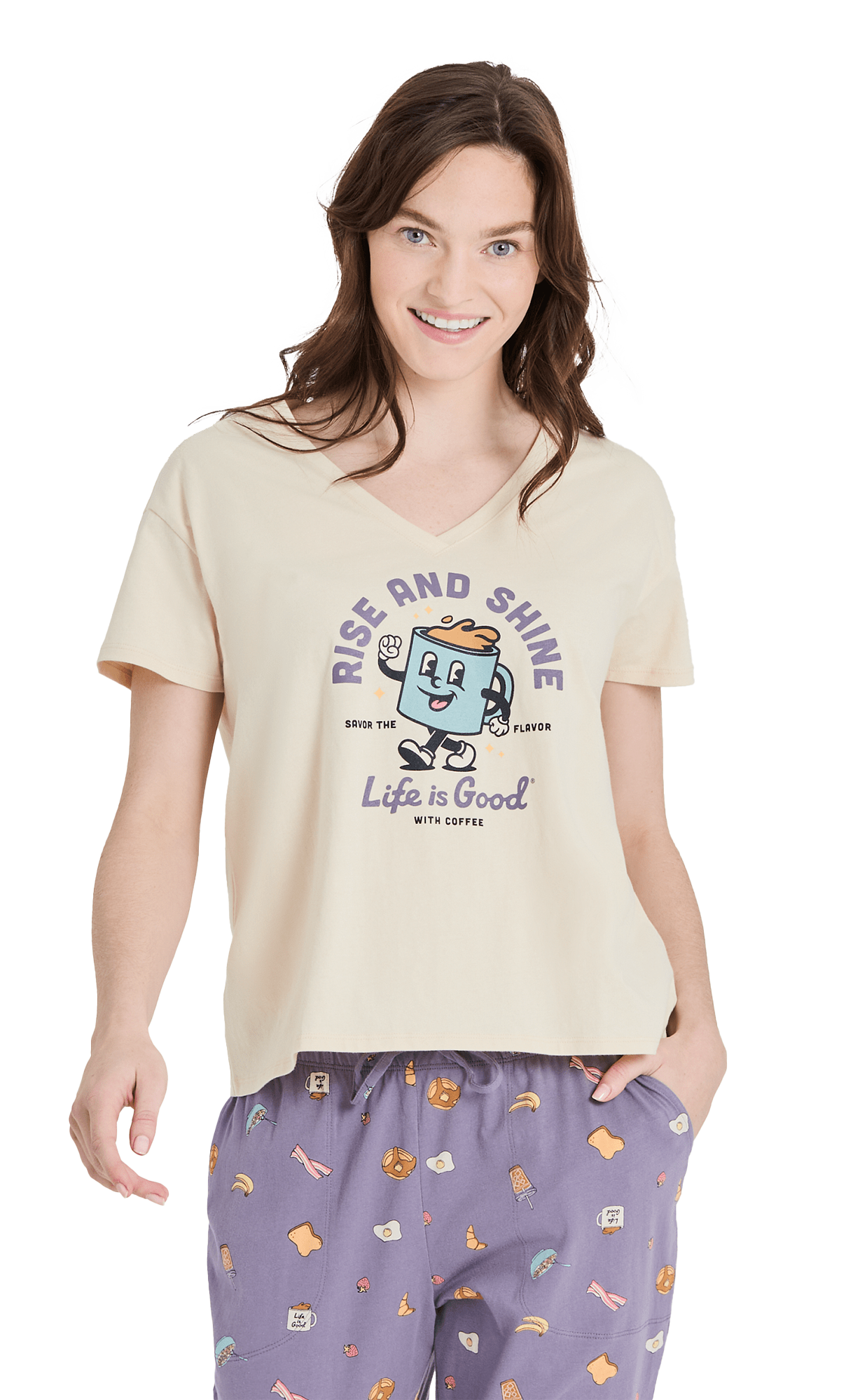 Image of Life is Good Snuggle Up Rise and Shine V-Neck Short-Sleeve Sleep T-Shirt - Putty White