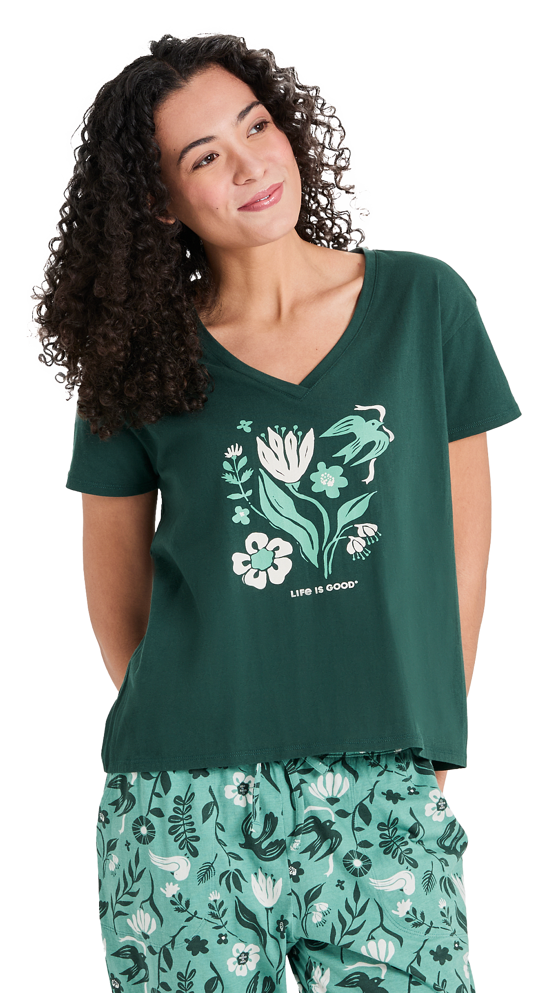 Image of Life is Good Snuggle Up Woodblock Floral Bird V-Neck Short-Sleeve Sleep T-Shirt - Treeline Green