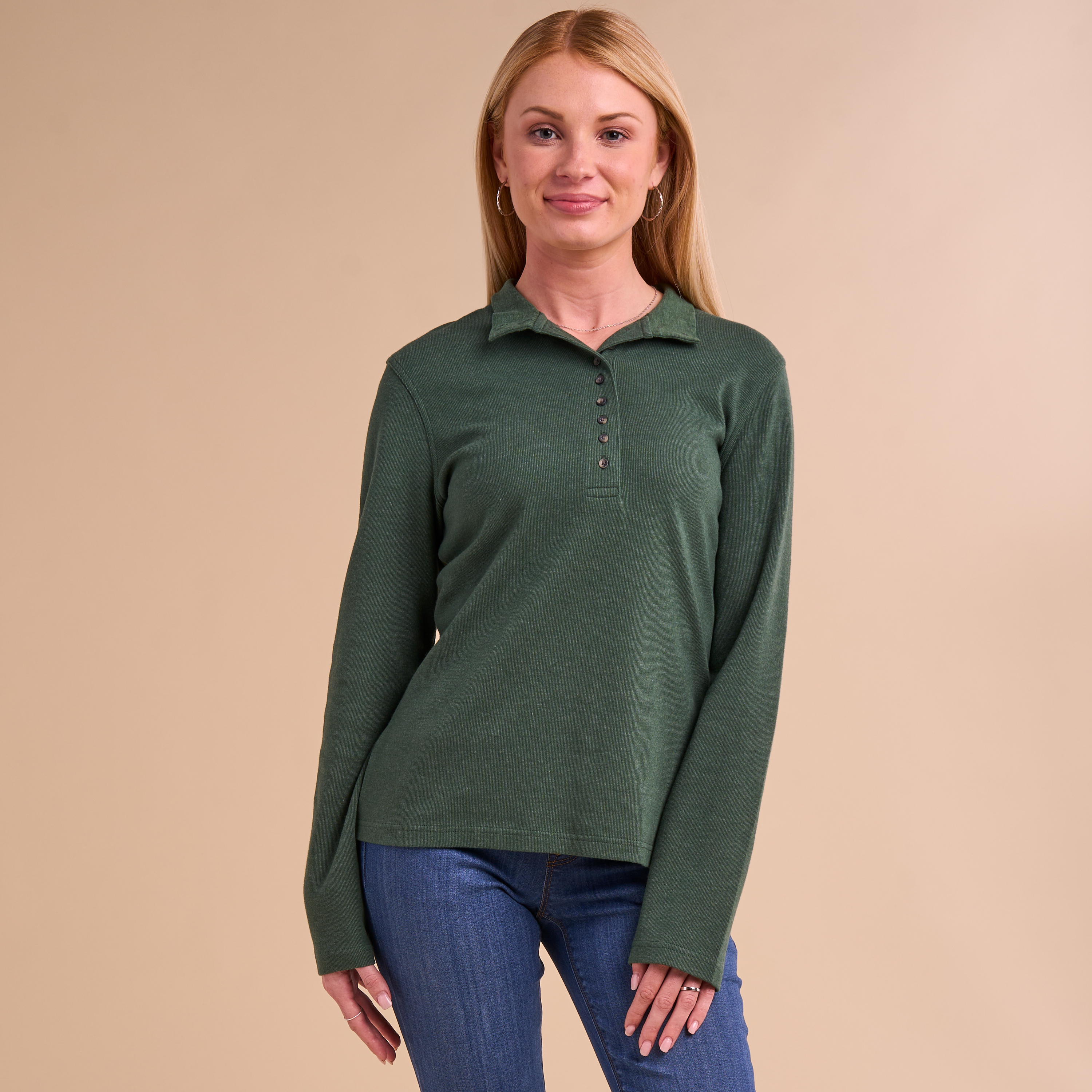 Image of Natural Reflections 10-Button Long-Sleeve Mock Turtleneck - Pine Needle