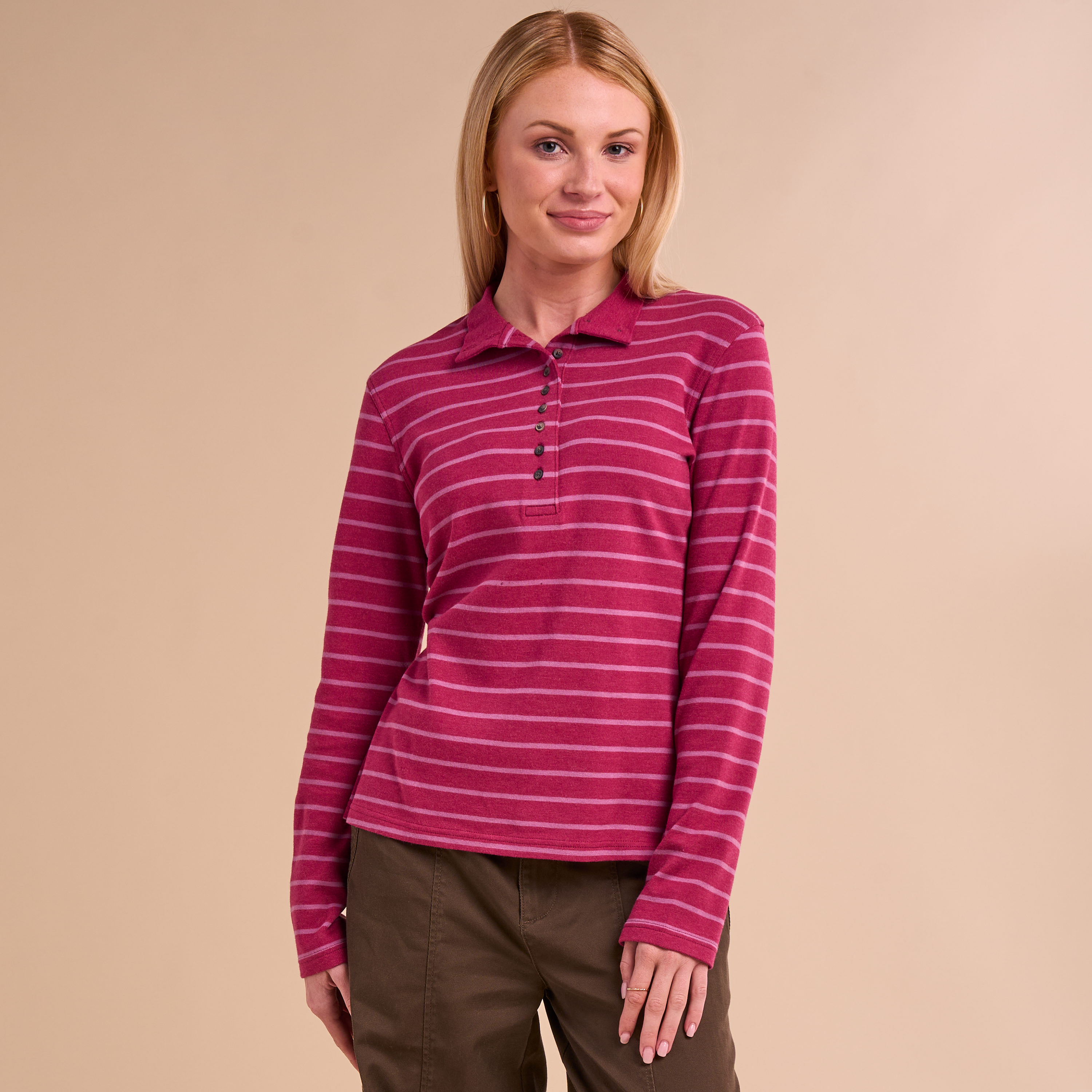 Image of Natural Reflections 10-Button Long-Sleeve Mock Turtleneck - Berry Stripe