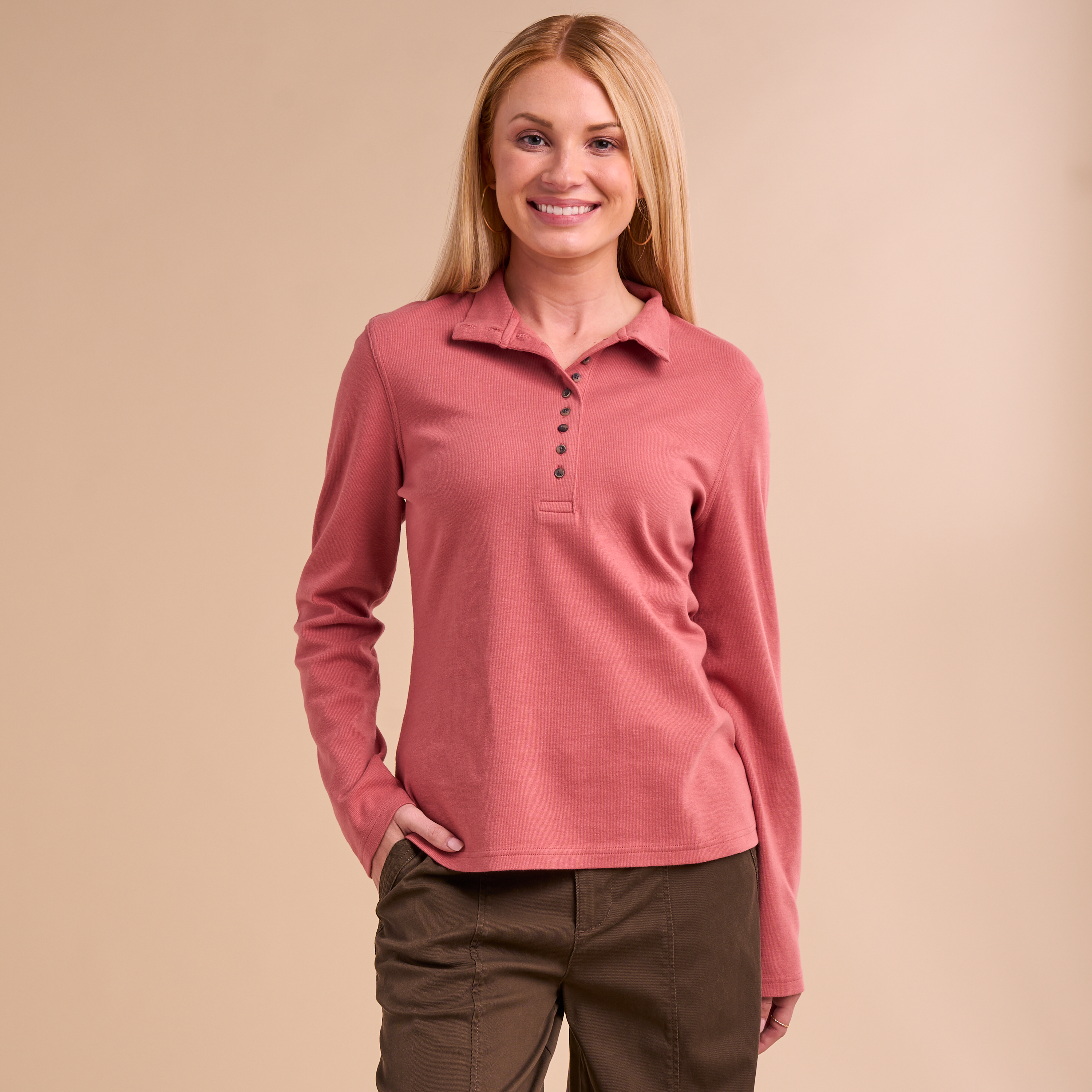 Image of Natural Reflections 10-Button Long-Sleeve Mock Turtleneck - Canyon Rose