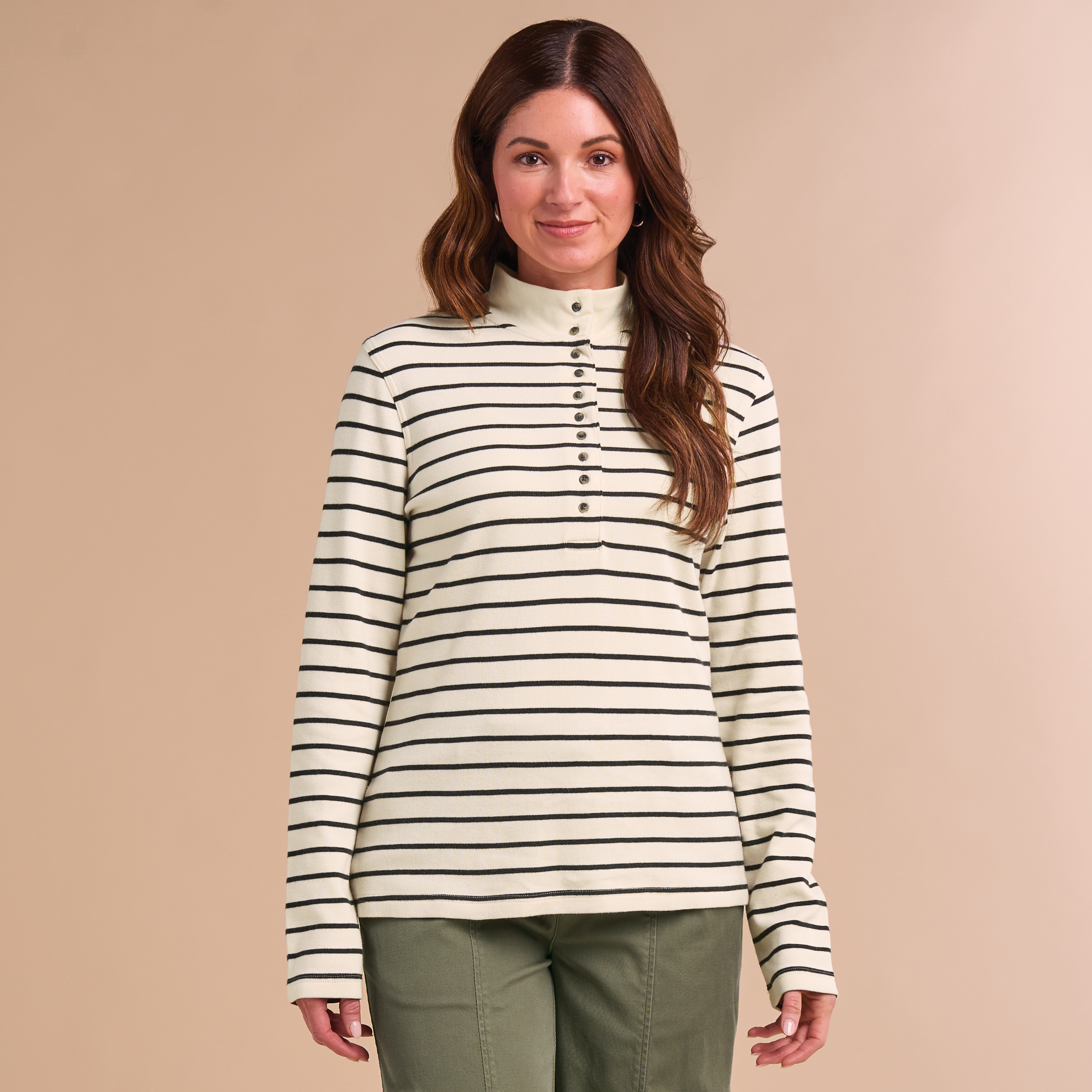 Image of Natural Reflections 10-Button Long-Sleeve Mock Turtleneck - Egret Stripe