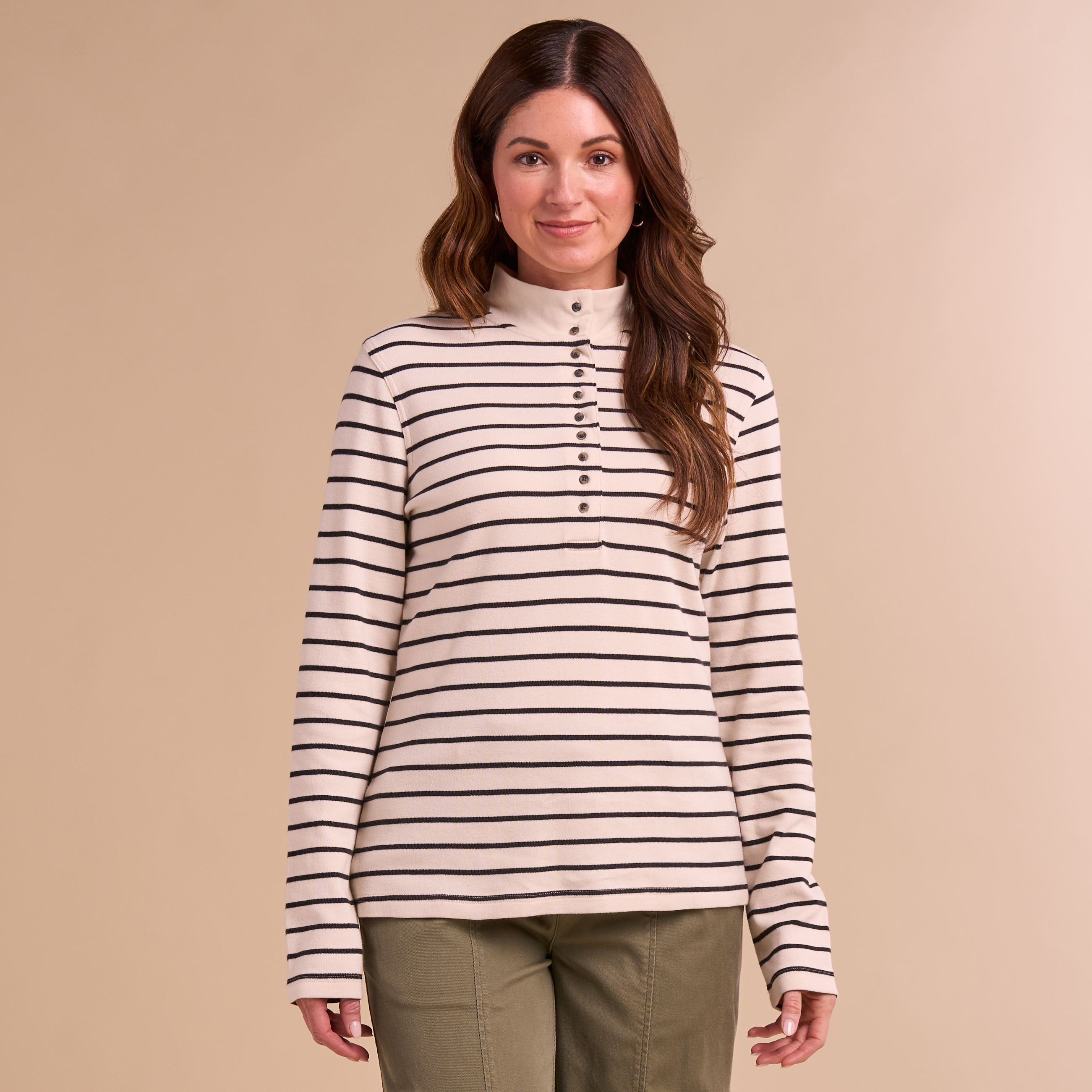 Image of Natural Reflections 10-Button Long-Sleeve Mock Turtleneck - Egret Stripe