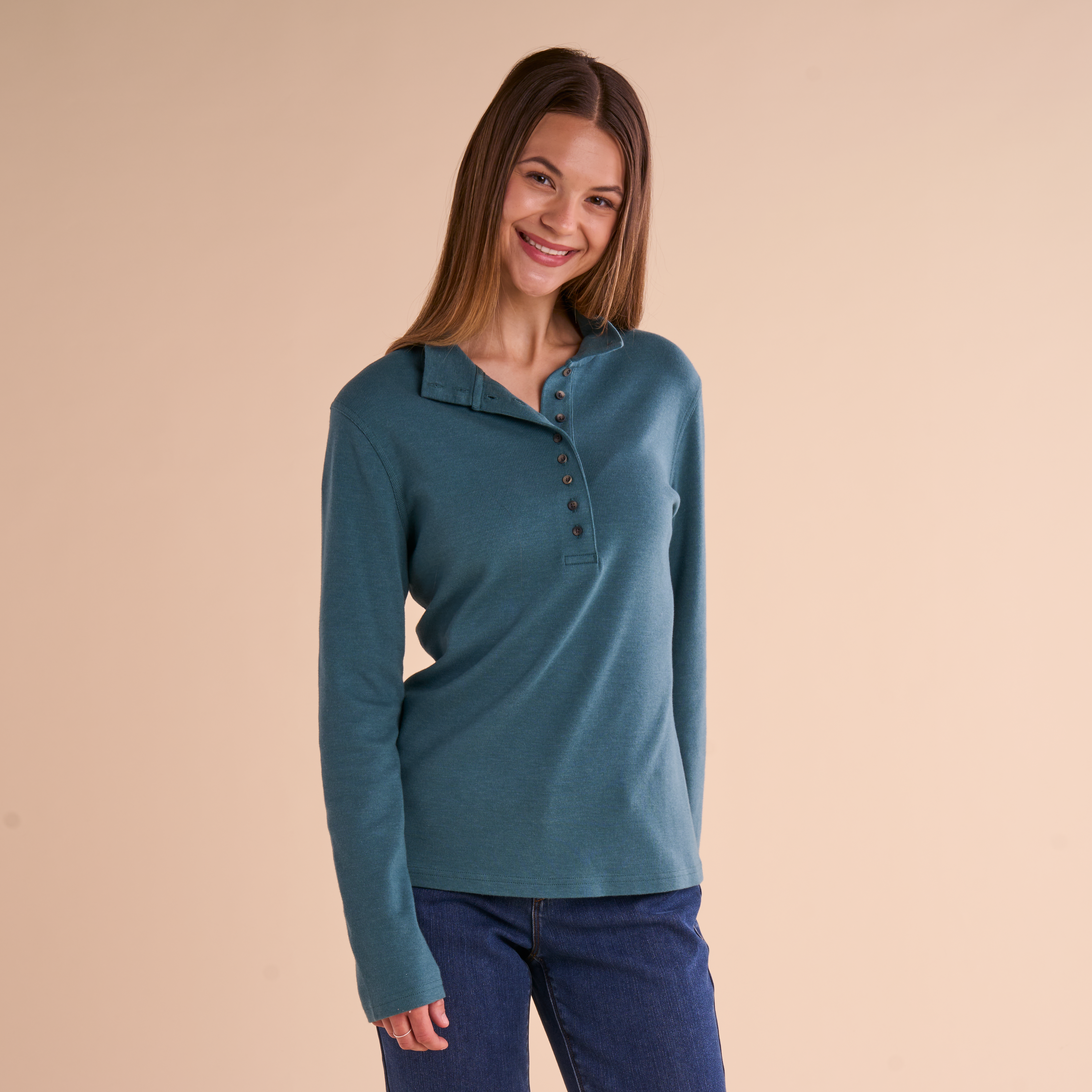 Image of Natural Reflections 10-Button Long-Sleeve Mock Turtleneck - Mediterranea