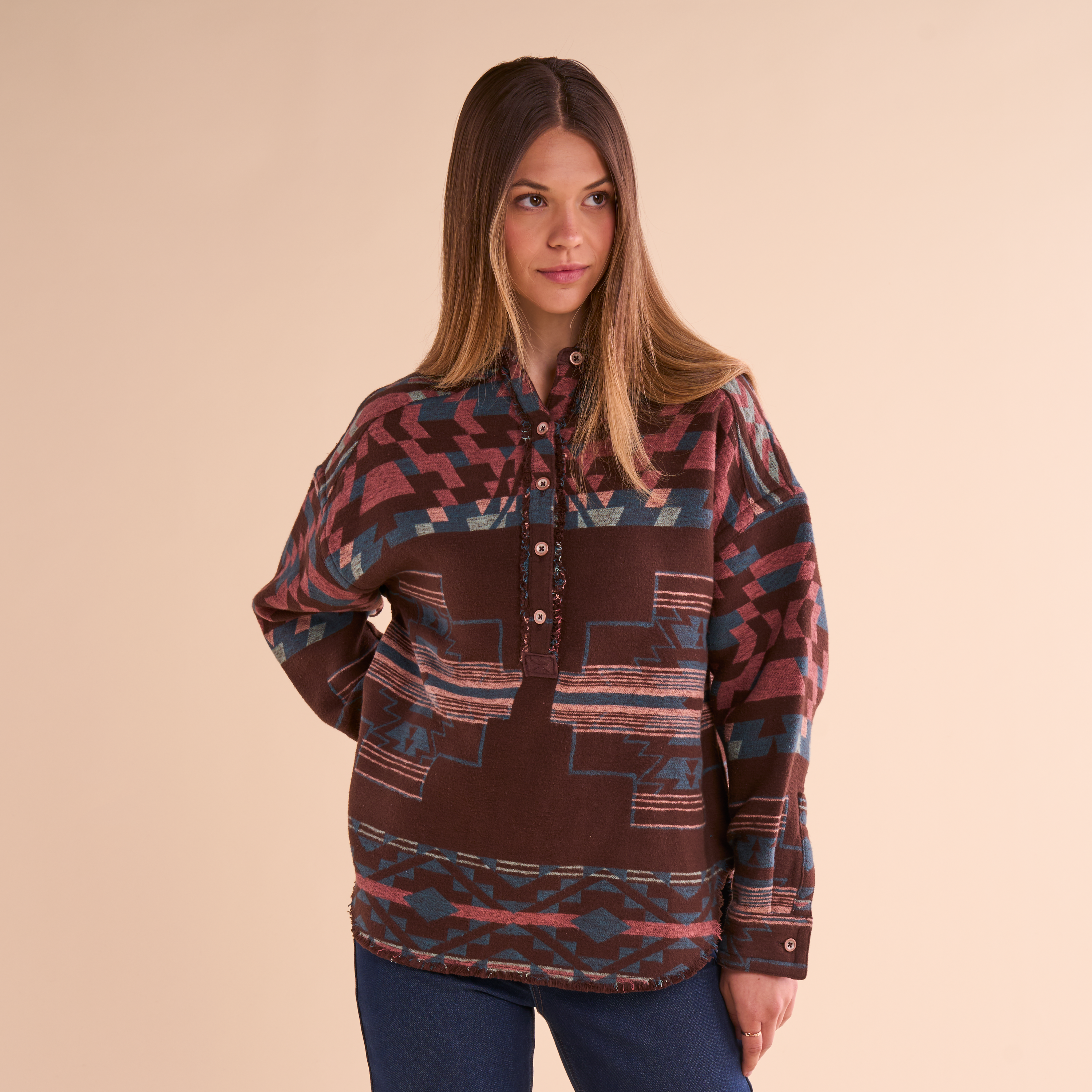 Image of Natural Reflections Aztec Henley Long-Sleeve Pullover - French Roast